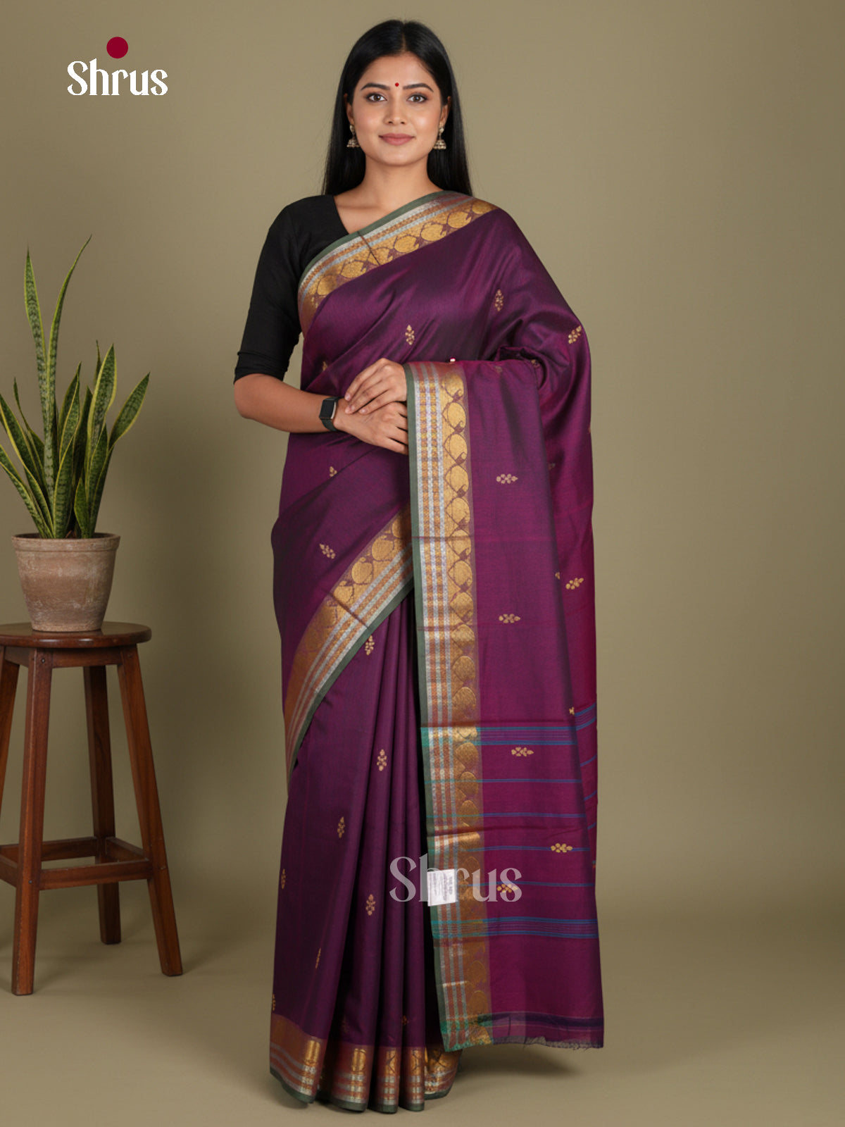 Purple & Green - Chettinad Mix Cotton-Without Blouse Saree
