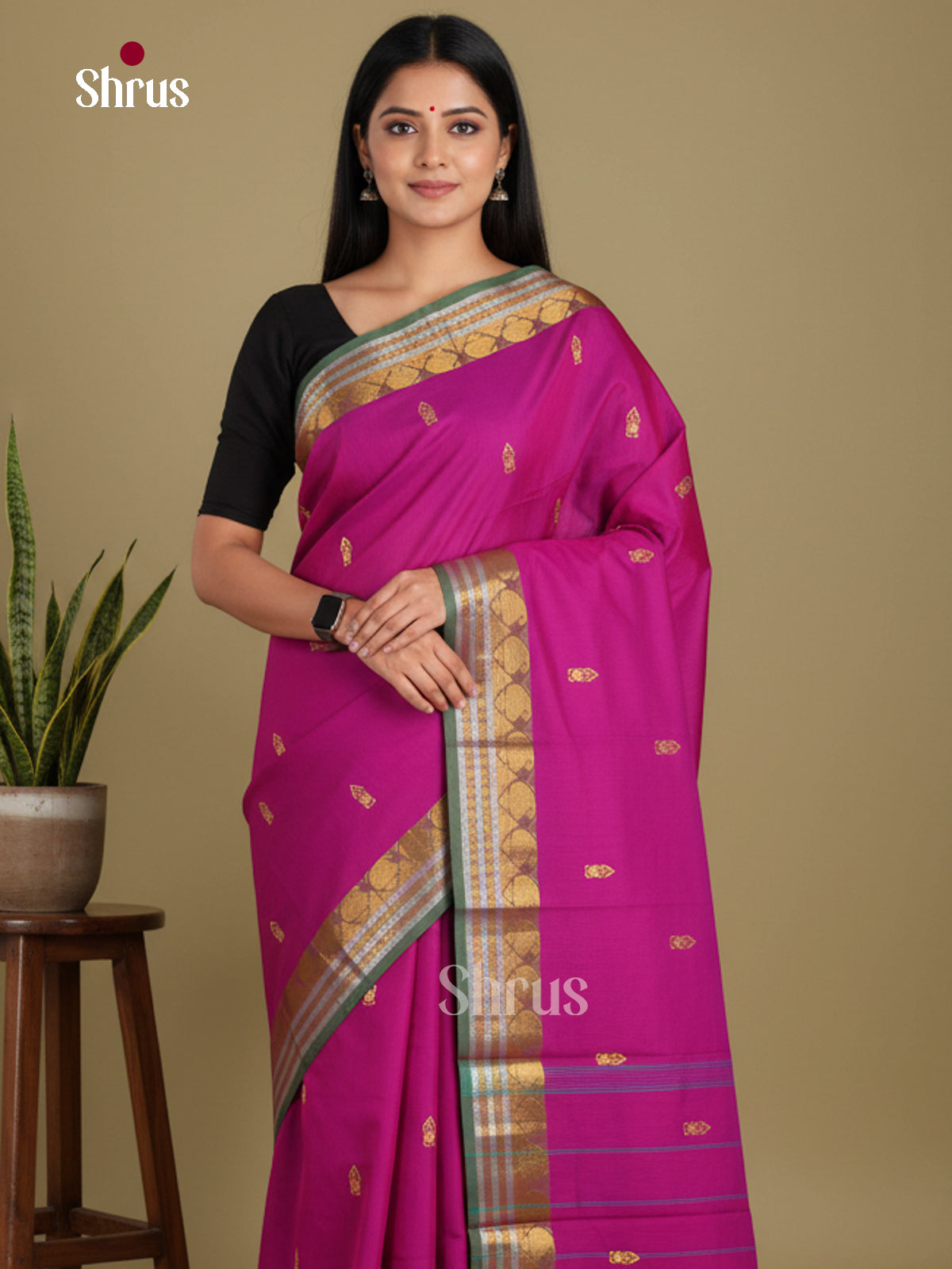 Majenta & Green - Chettinad Mix Cotton-Without Blouse Saree