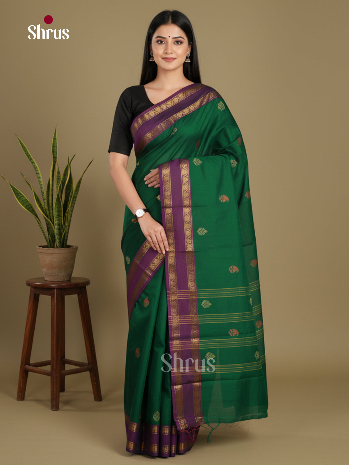 Green & Purple- Chettinad Mix Cotton-Without Blouse Saree - Shop on Shrus.com