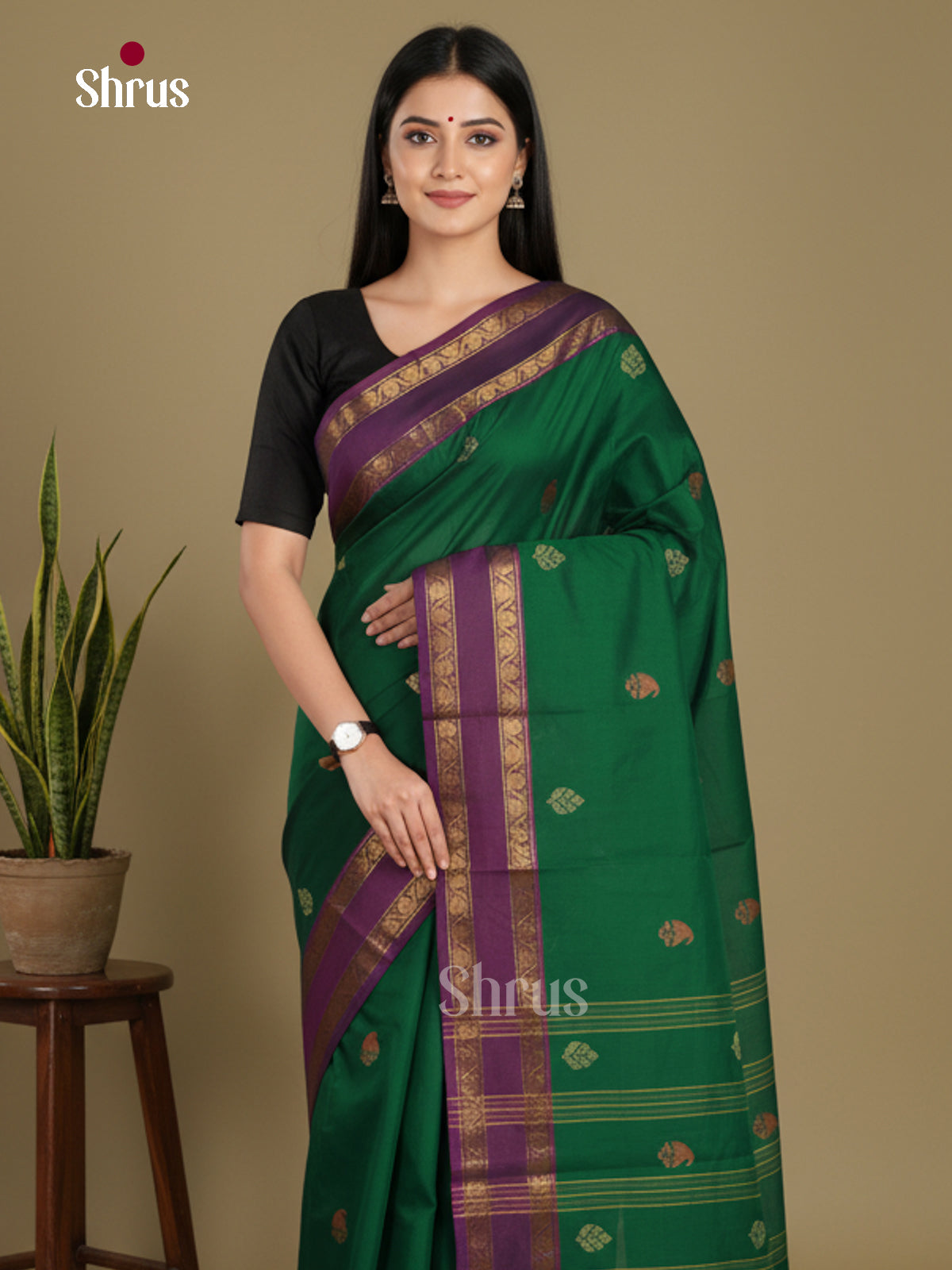Green & Purple- Chettinad Mix Cotton-Without Blouse Saree - Shop on Shrus.com