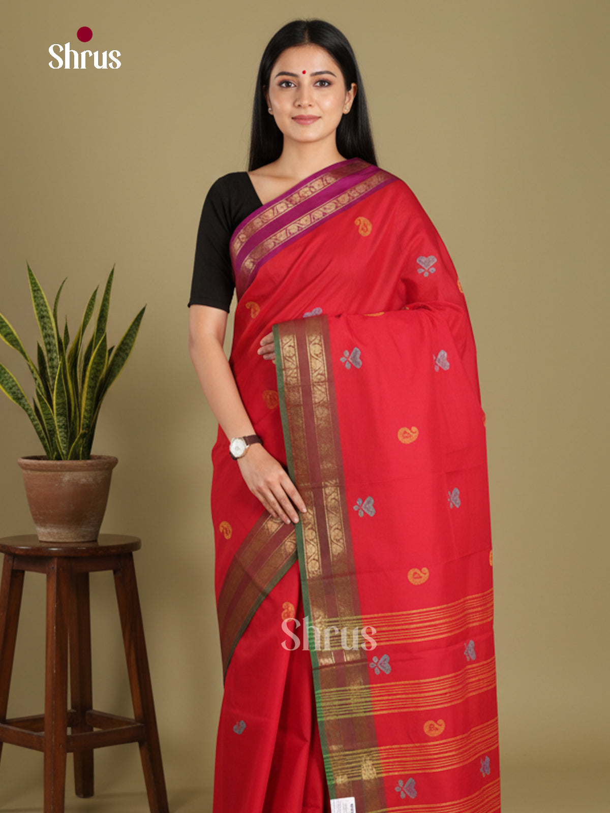 Red & Green- Chettinad Mix Cotton-Without Blouse Saree