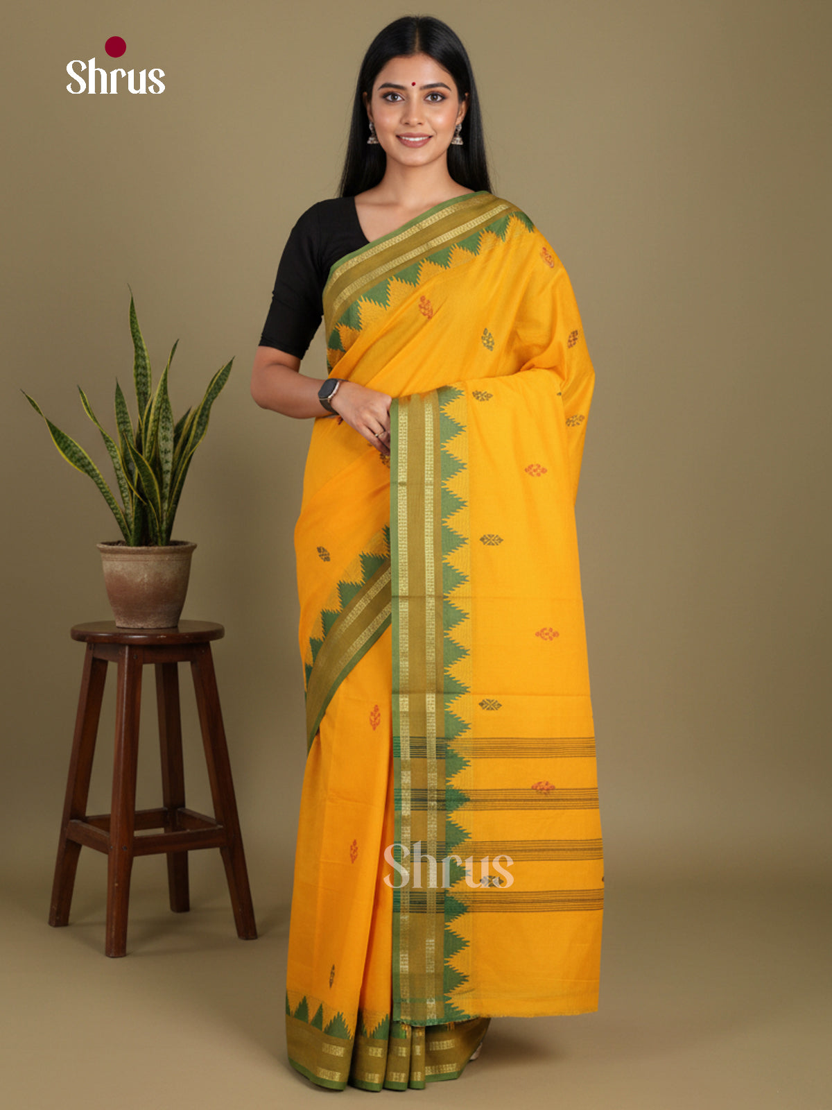 Yellow & Green- Chettinad Mix Cotton-Without Blouse Saree