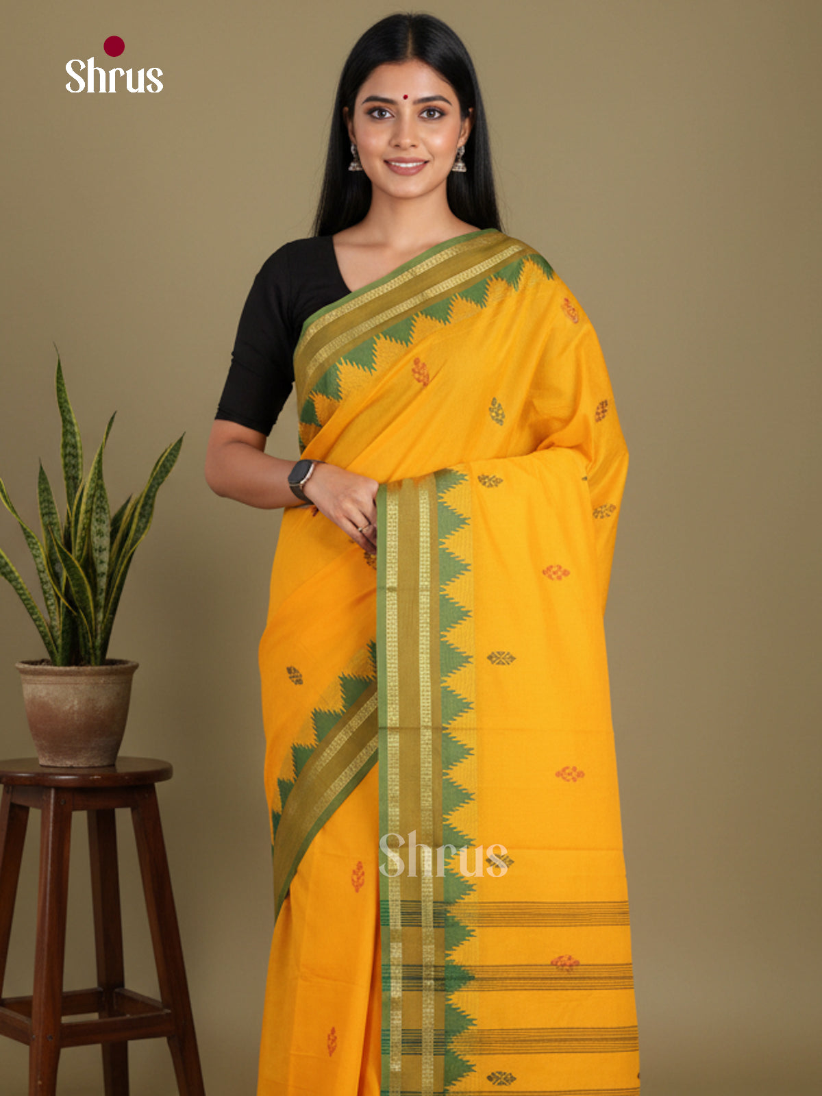 Yellow & Green- Chettinad Mix Cotton-Without Blouse Saree