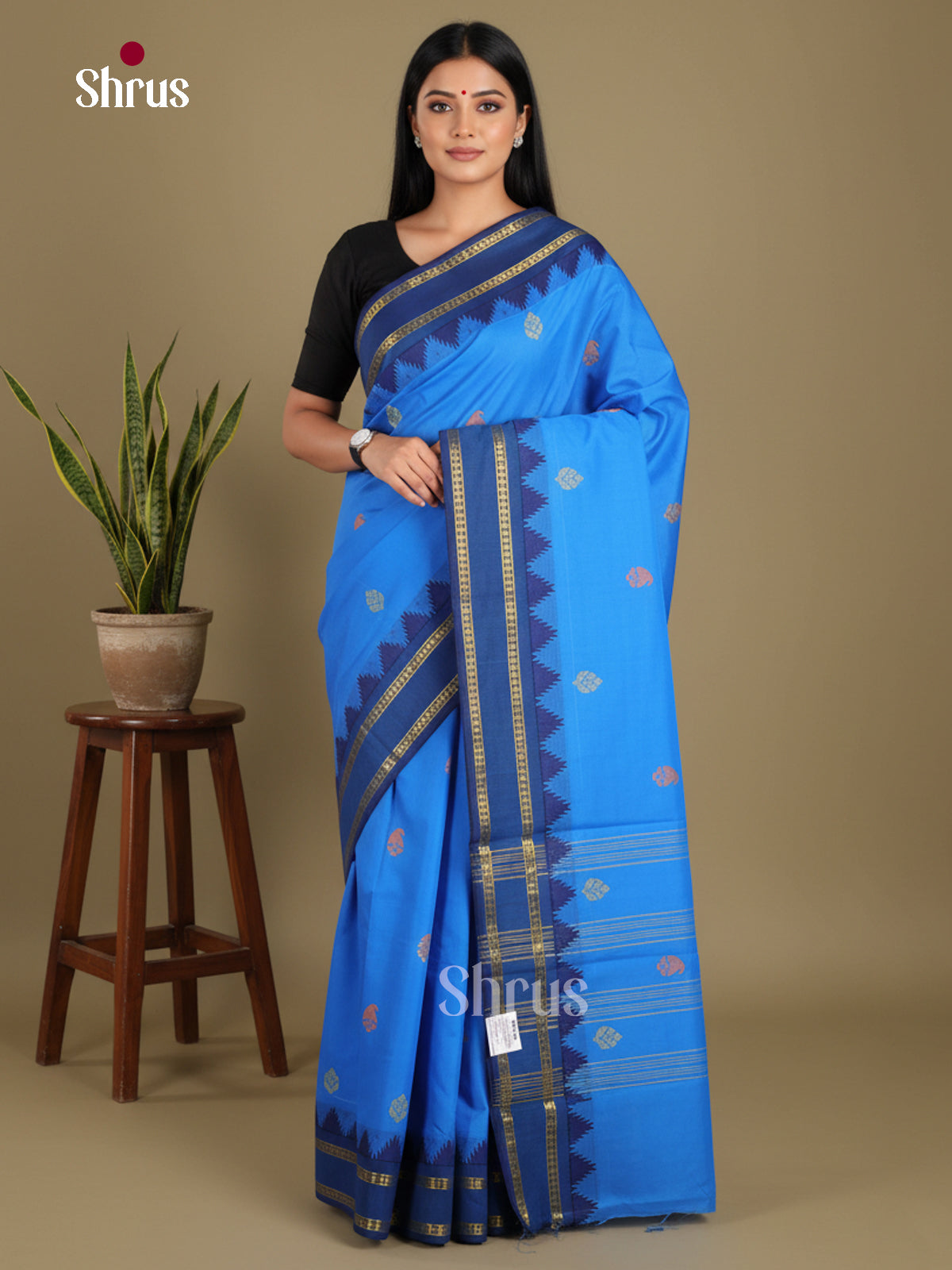 Light Blue & Blue- Chettinad Mix Cotton-Without Blouse Saree