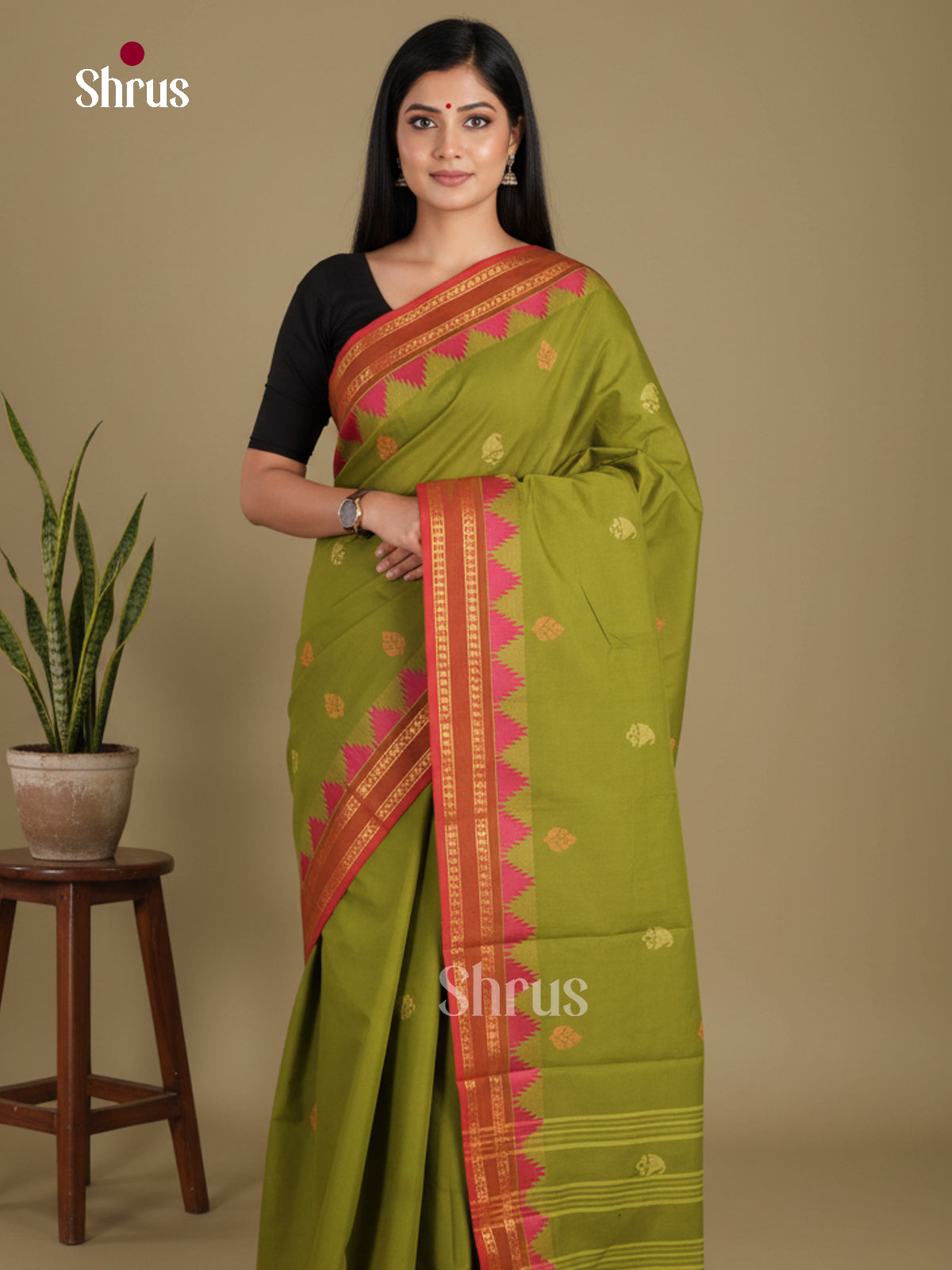 Light Green & Red - Chettinad Mix Cotton-Without Blouse Saree