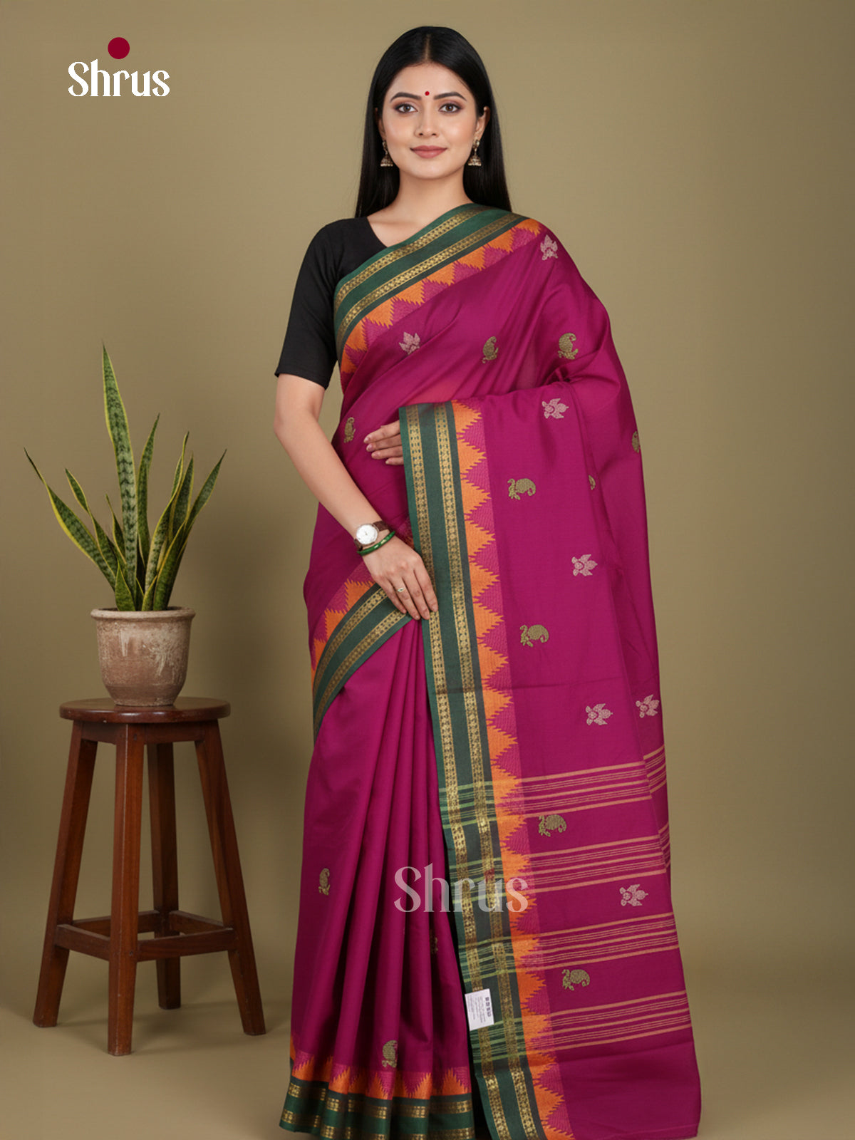 Purple & Green - Chettinad Mix Cotton-Without Blouse Saree - Shop on Shrus.com
