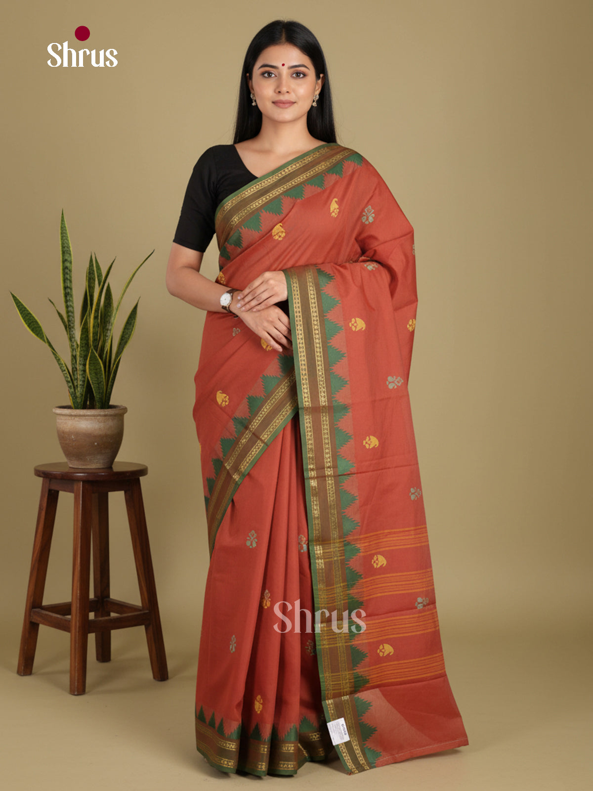 Brick & Green- Chettinad Mix Cotton-Without Blouse Saree
