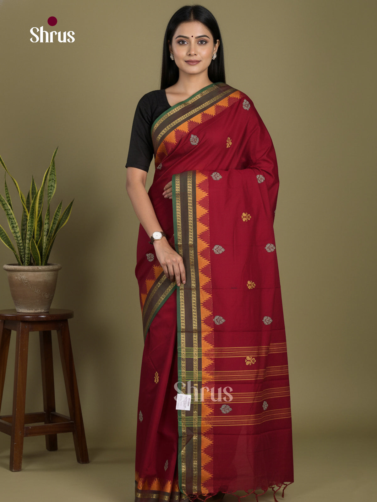 Maroon & Green - Chettinad Mix Cotton-Without Blouse Saree