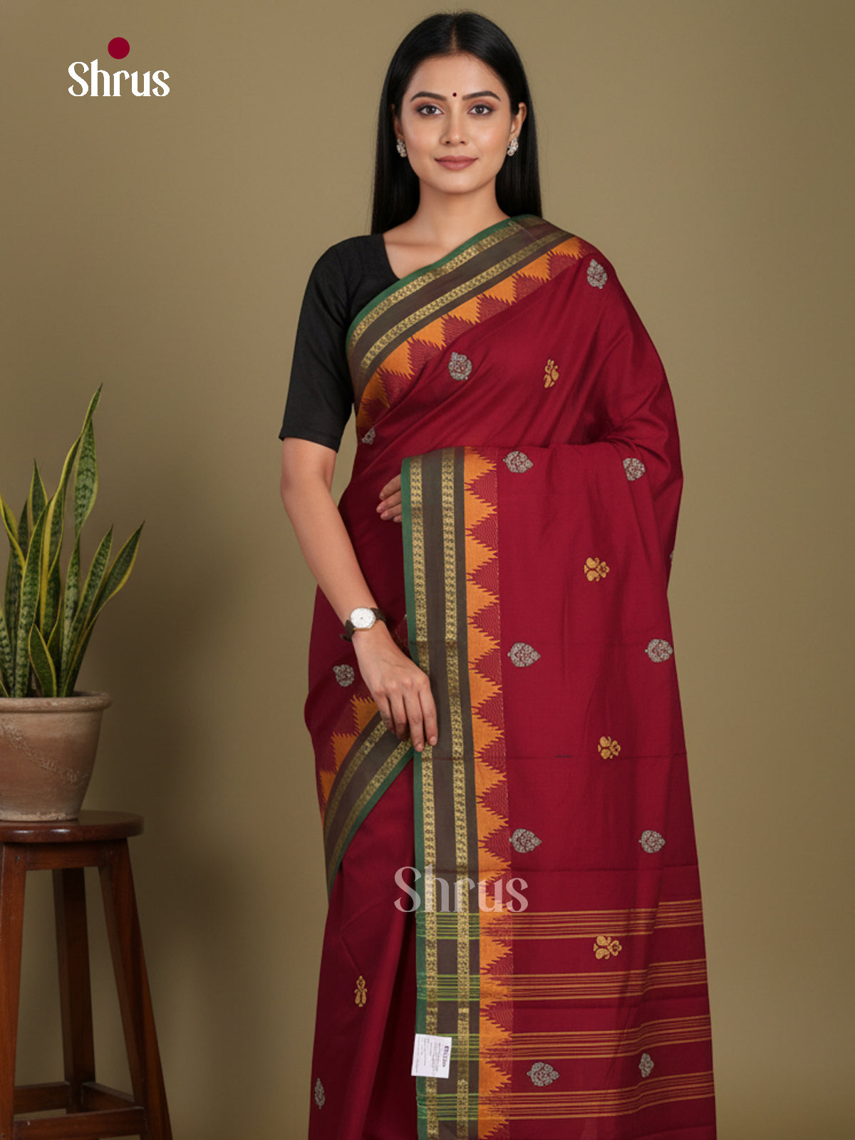 Maroon & Green - Chettinad Mix Cotton-Without Blouse Saree