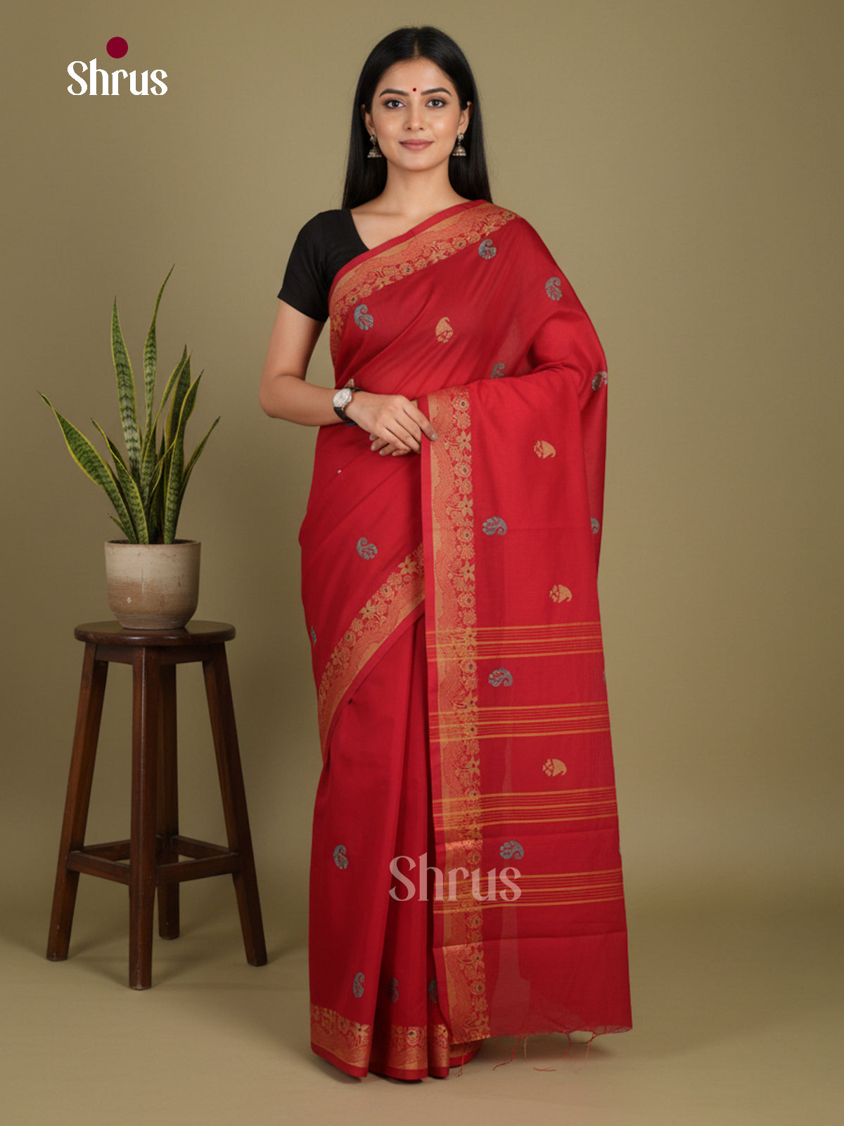 Red - Chettinad Mix Cotton-Without Blouse Saree