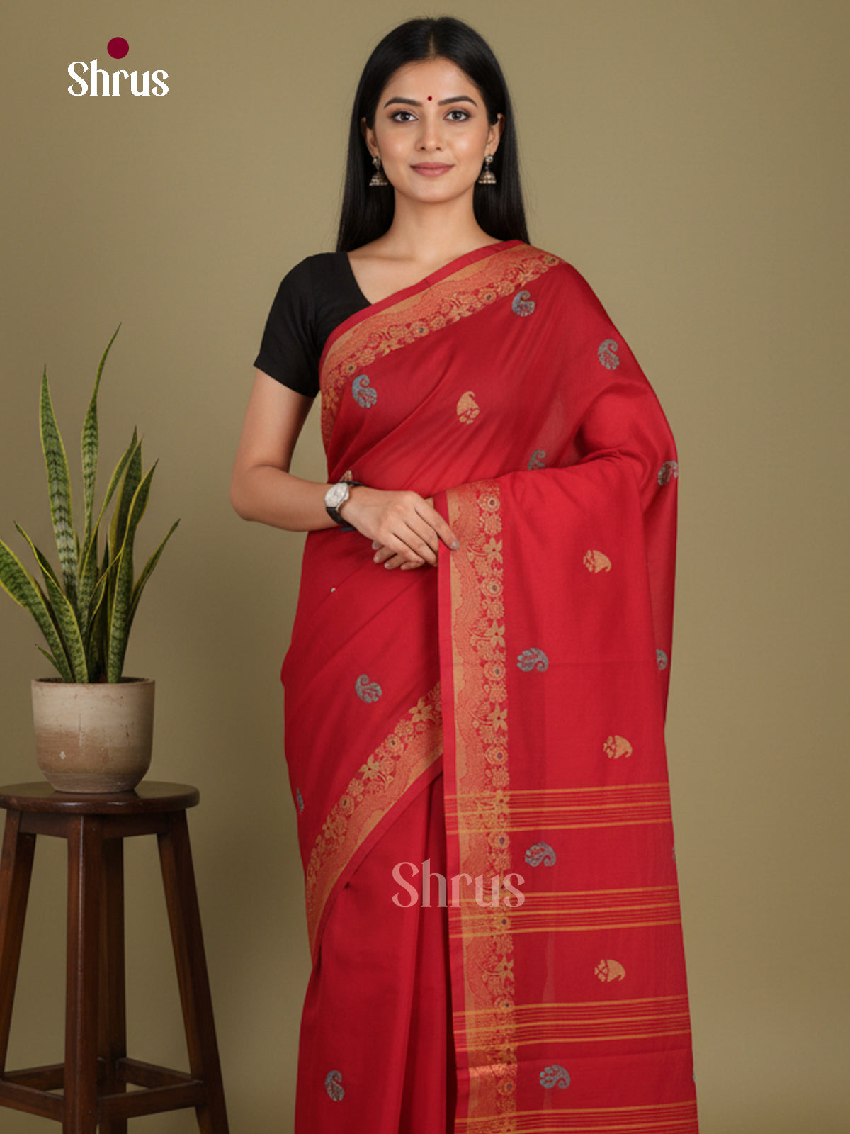 Red - Chettinad Mix Cotton-Without Blouse Saree