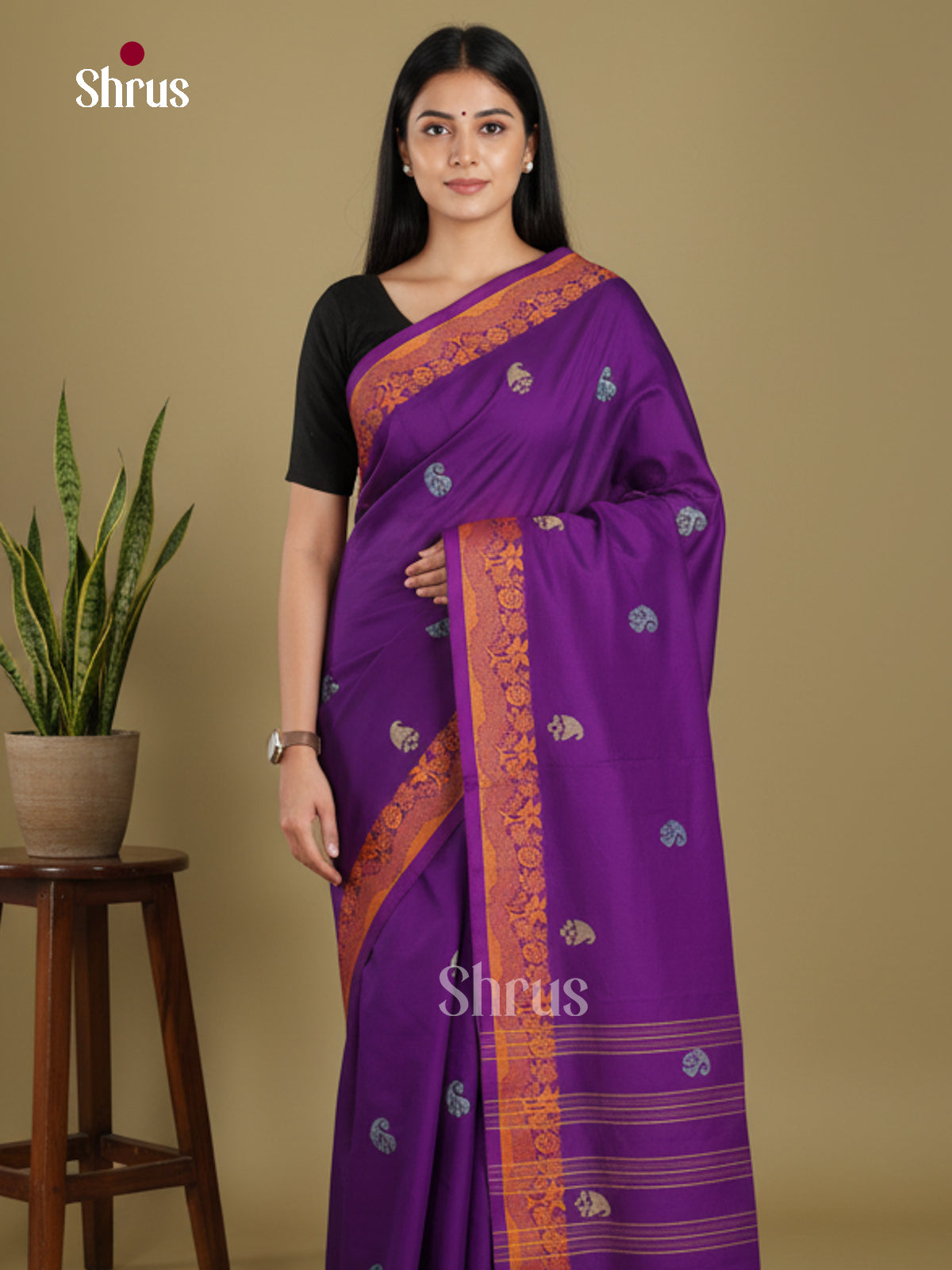 Purple - Chettinad Mix Cotton-Without Blouse Saree