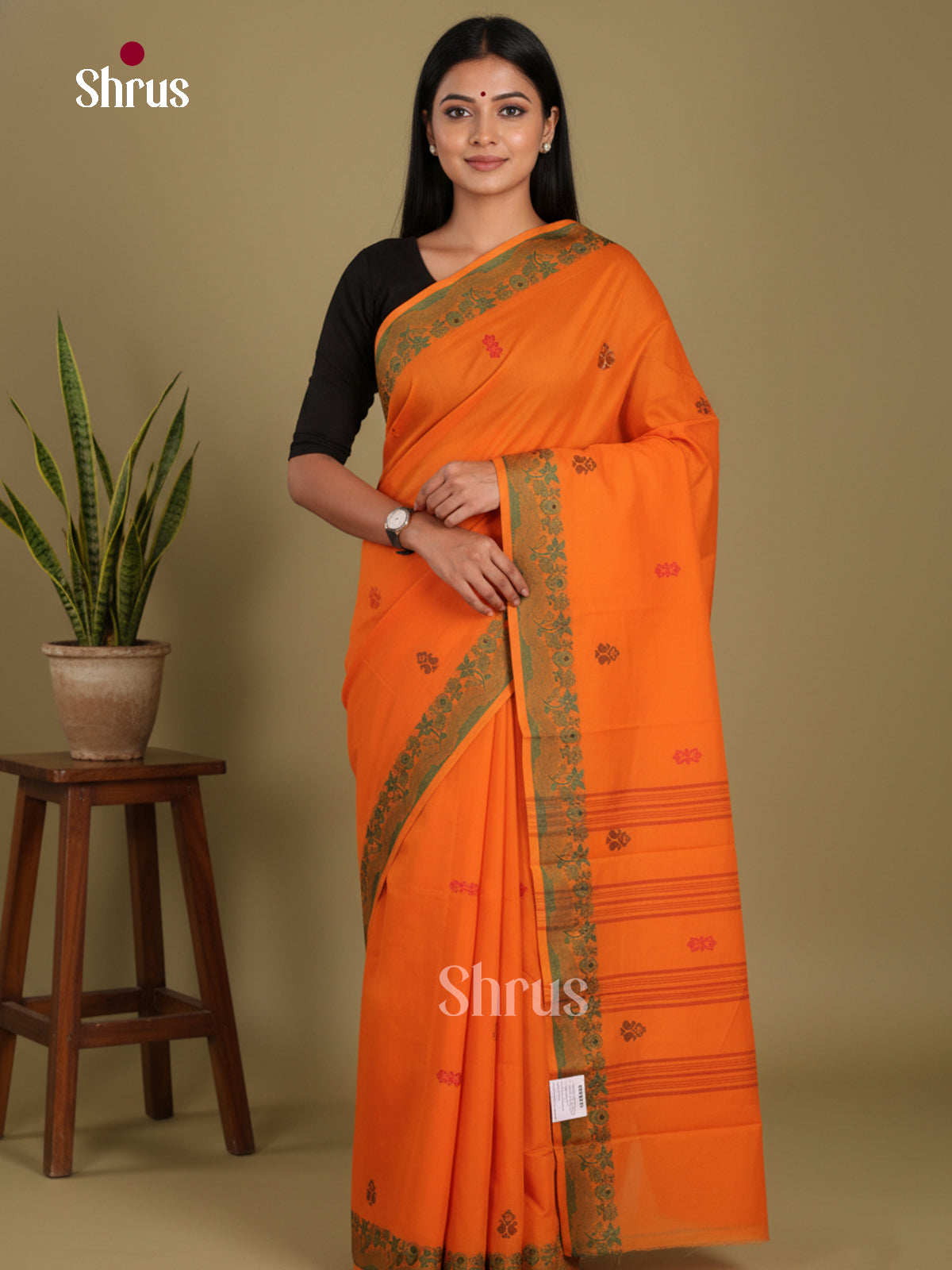 Orange & Green - Chettinad Mix Cotton-Without Blouse Saree