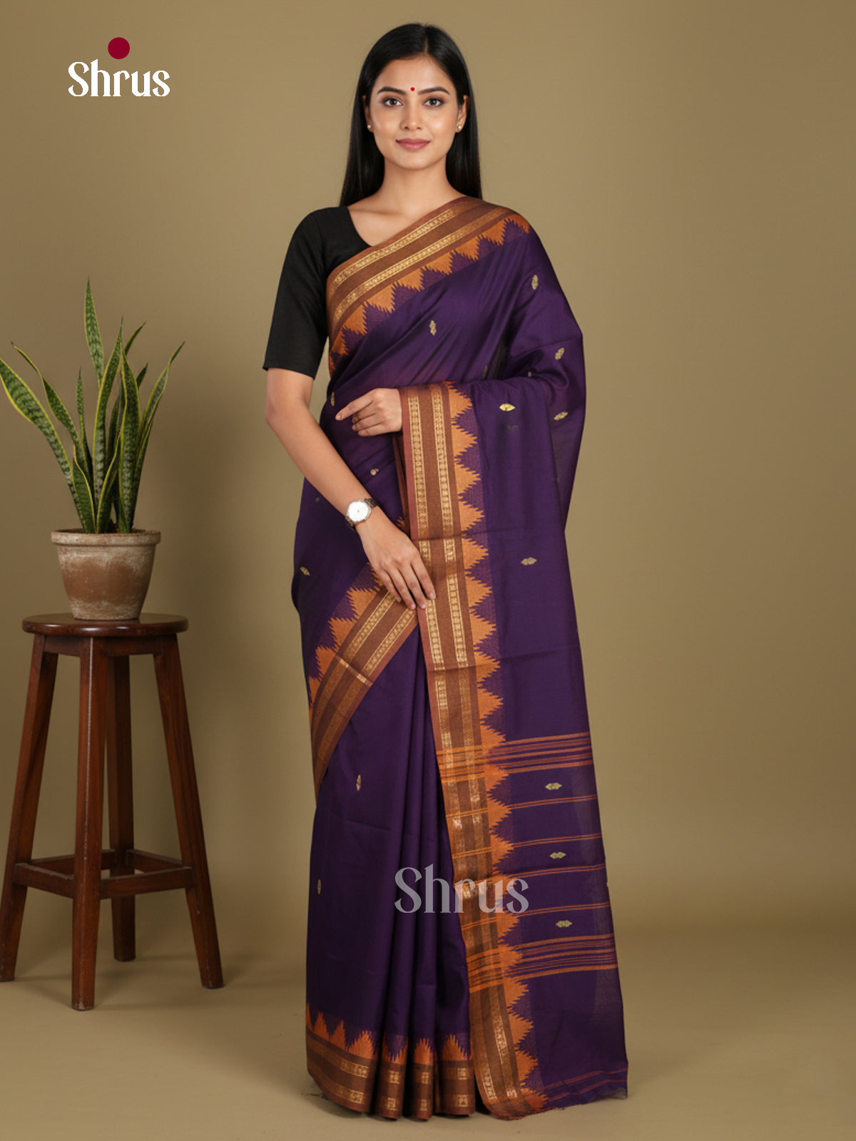 Violet & Brown- Chettinad Mix Cotton-Without Blouse Saree