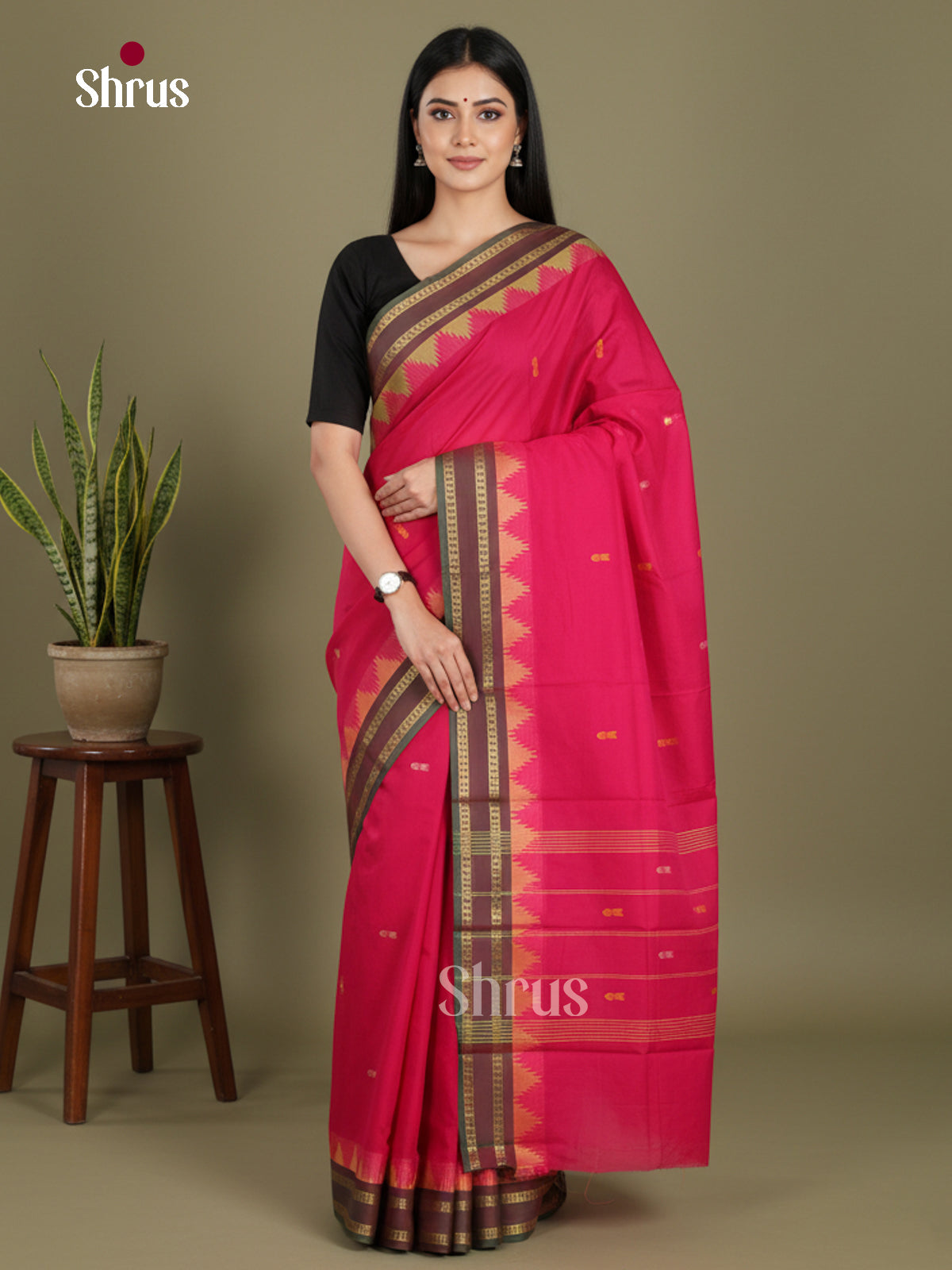 Pink & Green - Chettinad Mix Cotton-Without Blouse Saree