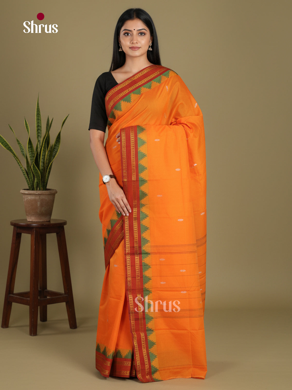 Orange & Red - Chettinad Mix Cotton-Without Blouse Saree