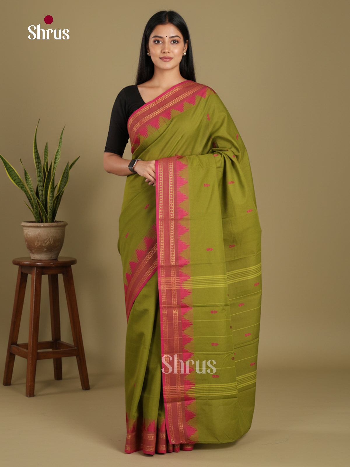 Green & Pink - Chettinad Mix Cotton-Without Blouse Saree