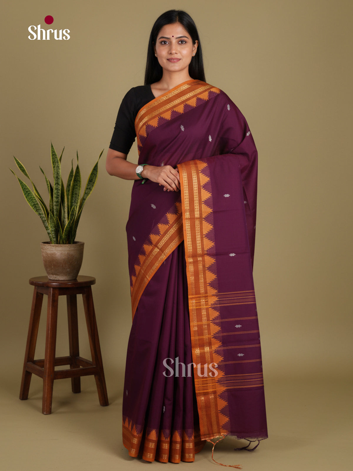 Wine & Orange - Chettinad Mix Cotton-Without Blouse Saree