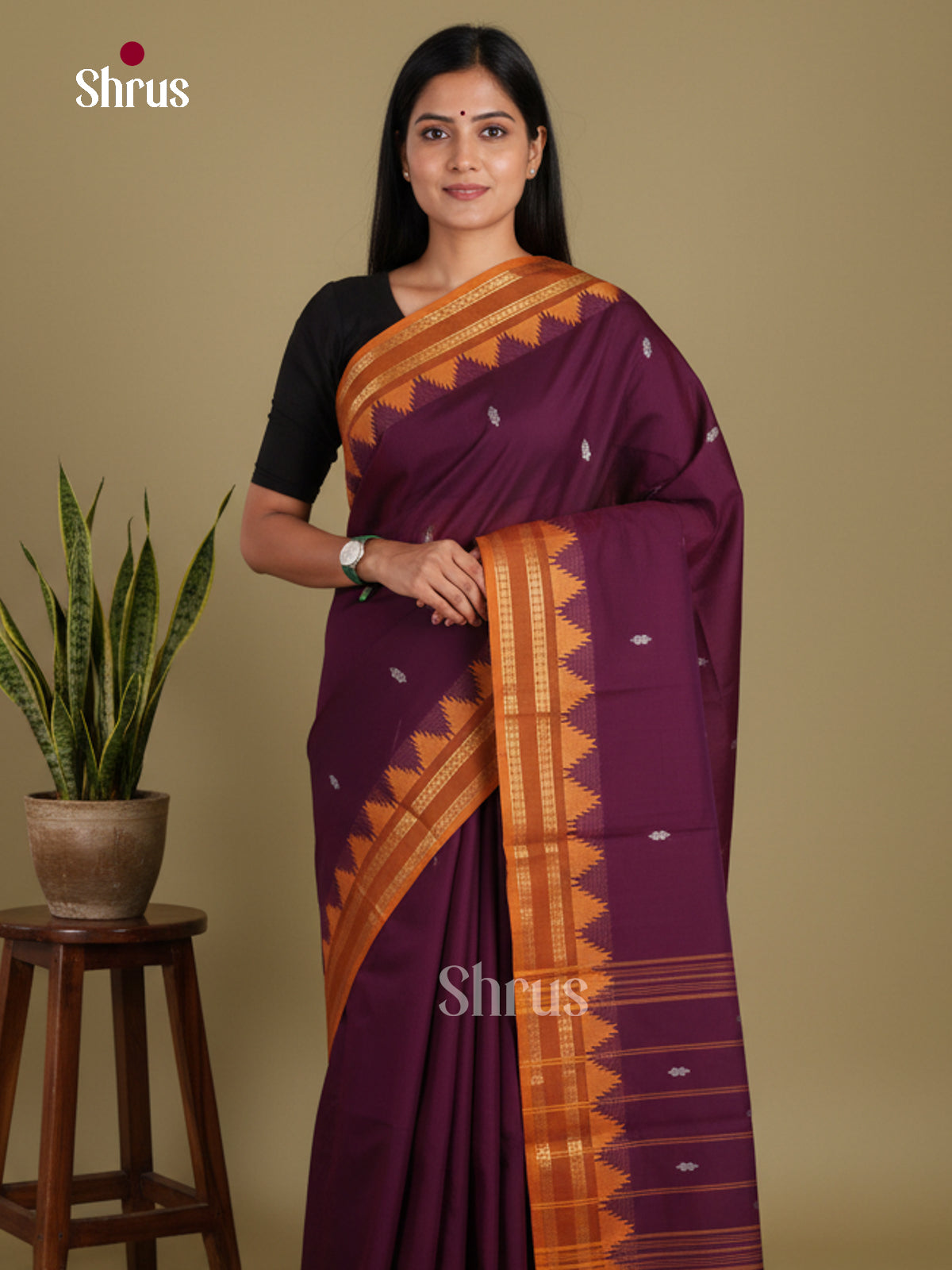 Wine & Orange - Chettinad Mix Cotton-Without Blouse Saree
