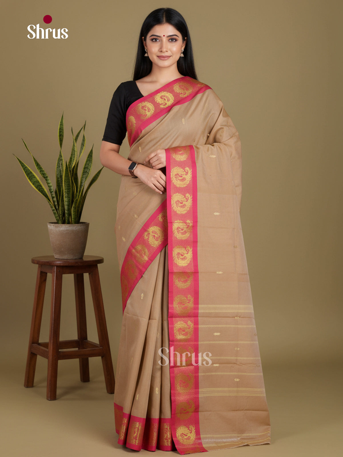Grey & Pink - Chettinad Mix Cotton-Without Blouse Saree
