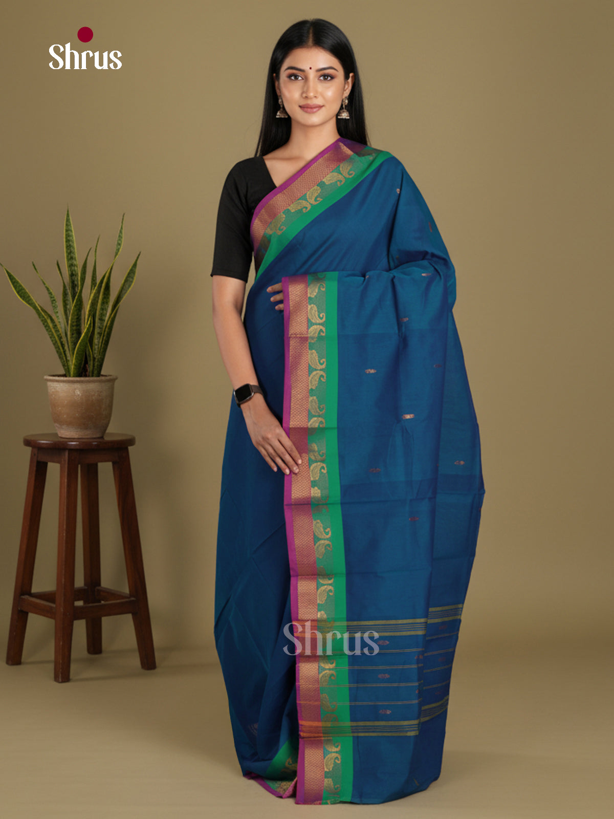 Peacock Blue & Green - Chettinad Mix Cotton-Without Blouse Saree