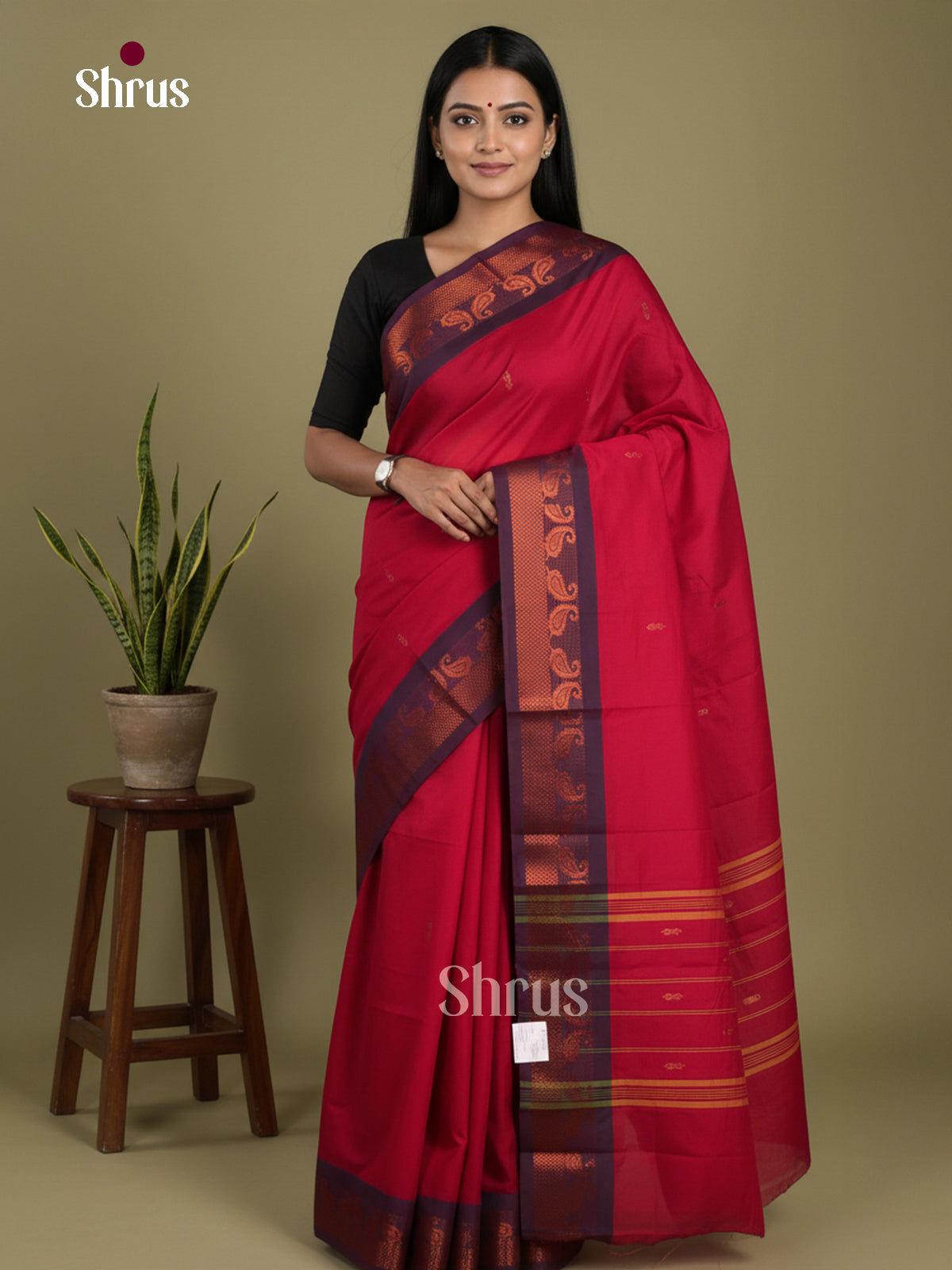 Red & Blue- Chettinad Mix Cotton-Without Blouse Saree