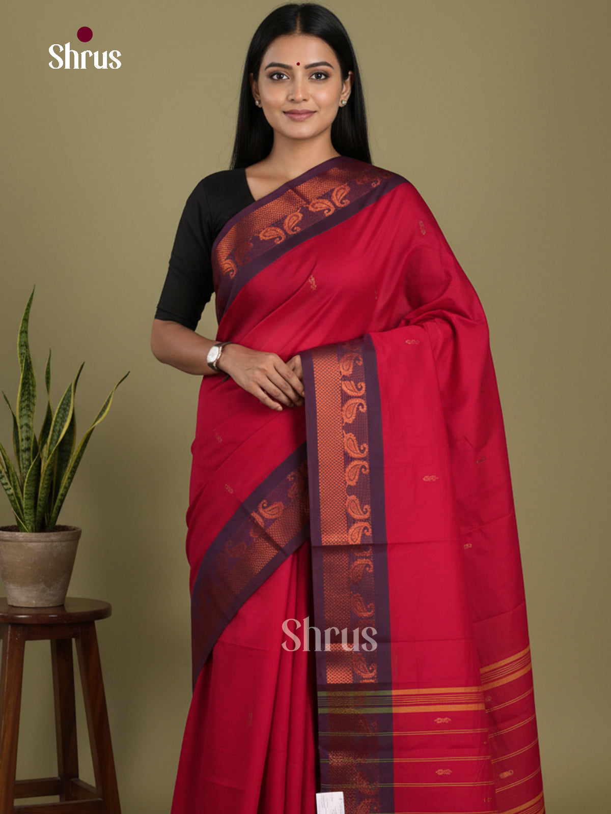 Red & Blue- Chettinad Mix Cotton-Without Blouse Saree
