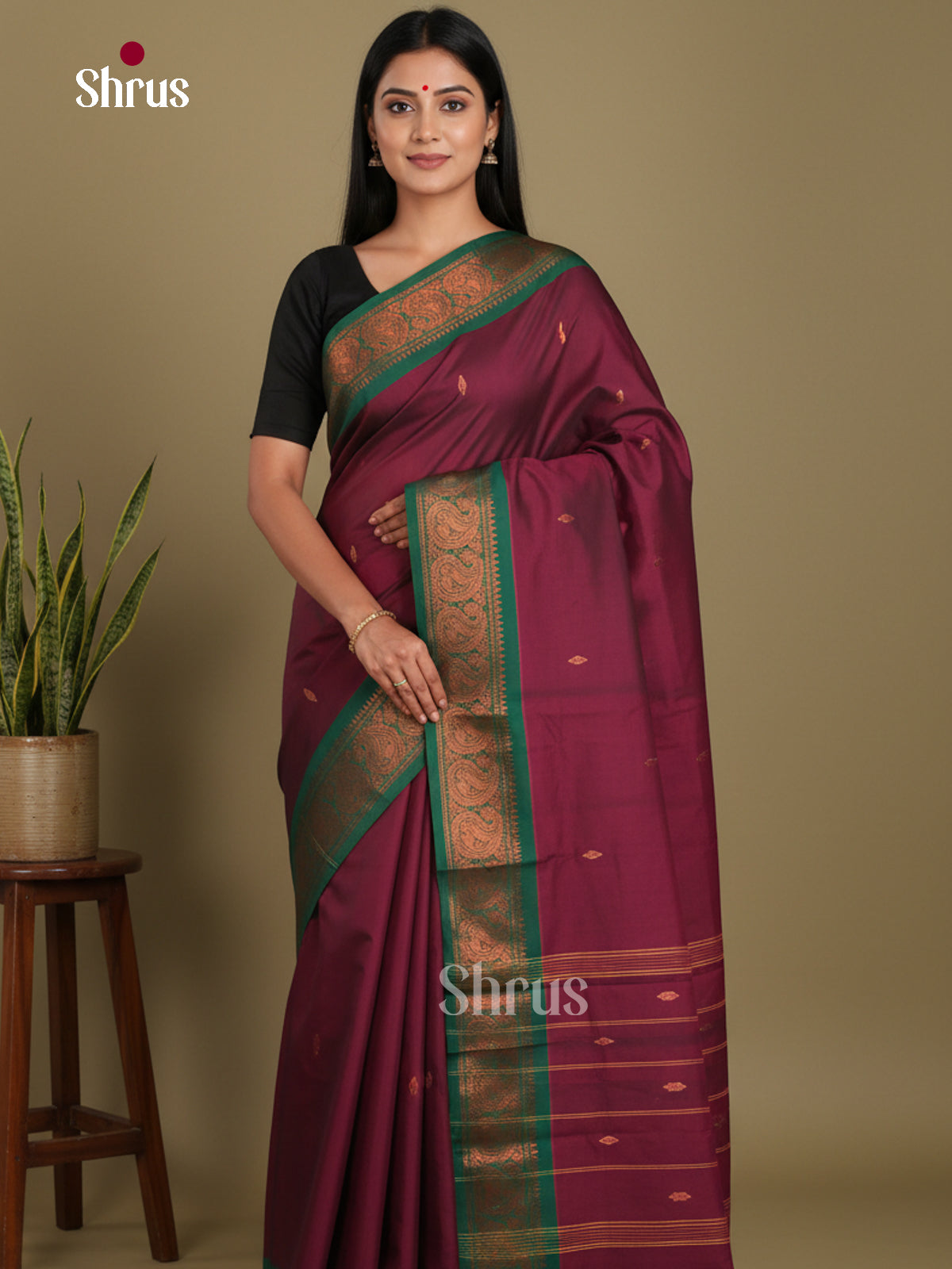 Maroon & Green - Chettinad Mix Cotton-Without Blouse Saree