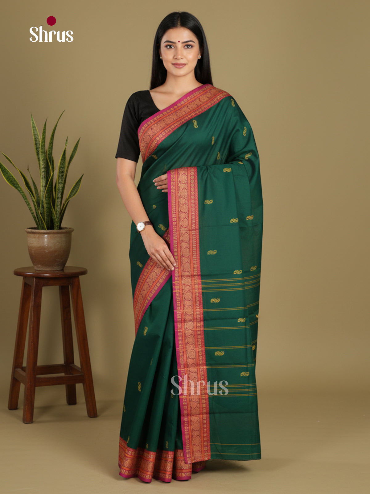 Green & Purple - Chettinad Mix Cotton-Without Blouse Saree