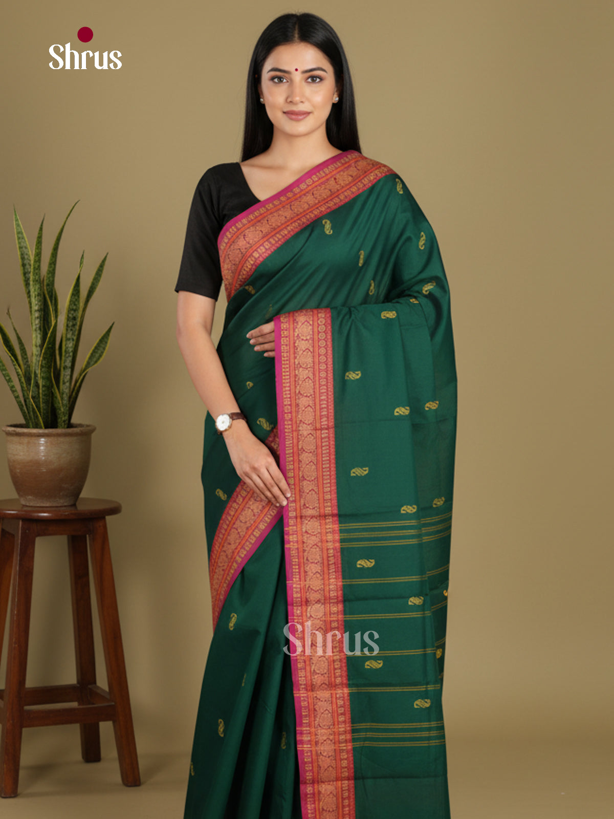 Green & Purple - Chettinad Mix Cotton-Without Blouse Saree