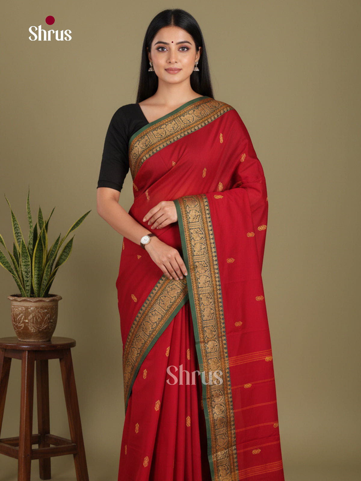 Red & Green - Chettinad Mix Cotton-Without Blouse Saree