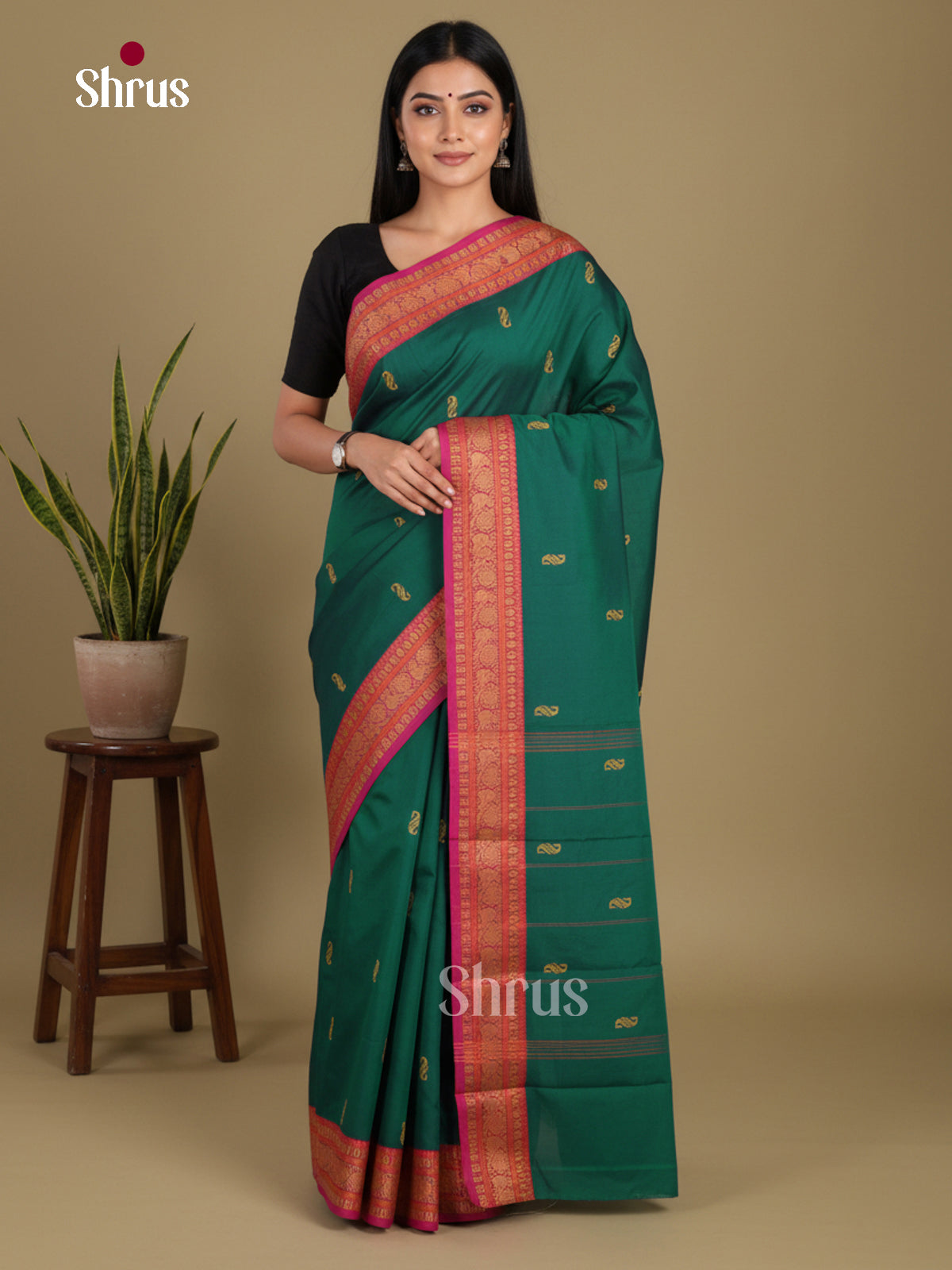 Green & Pink- Chettinad Mix Cotton-Without Blouse Saree
