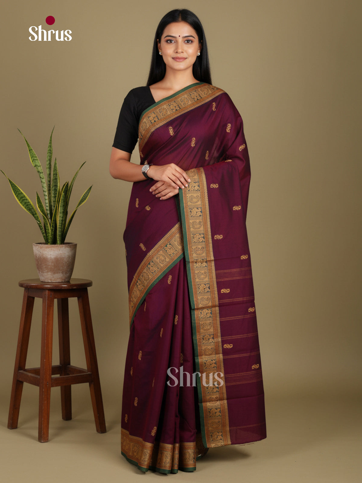 Wine & Green - Chettinad Mix Cotton-Without Blouse Saree