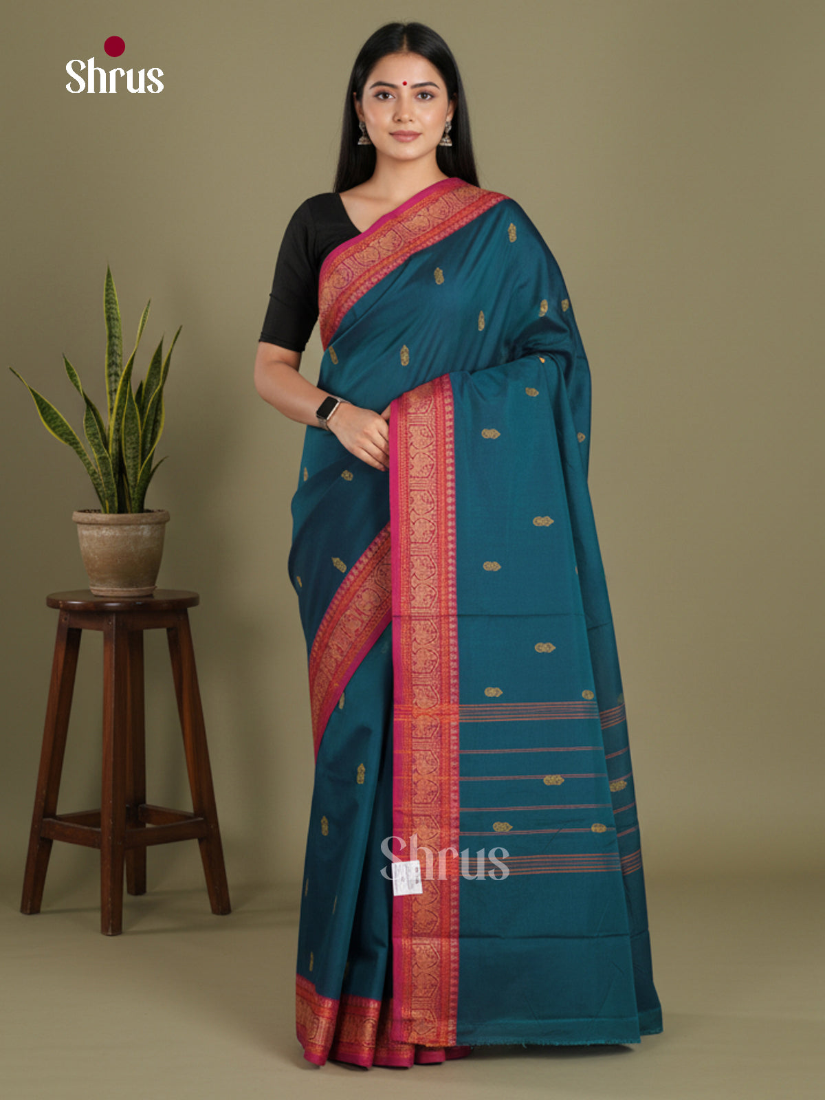 Blue & Red - Chettinad Mix Cotton-Without Blouse Saree