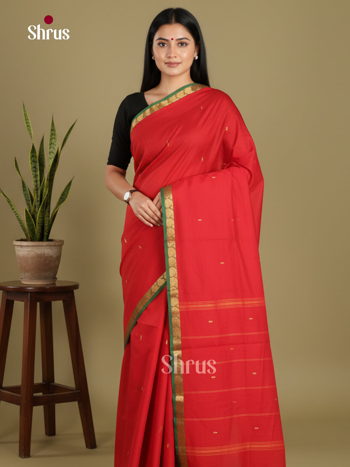Red & Green - Chettinad Mix Cotton-Without Blouse Saree