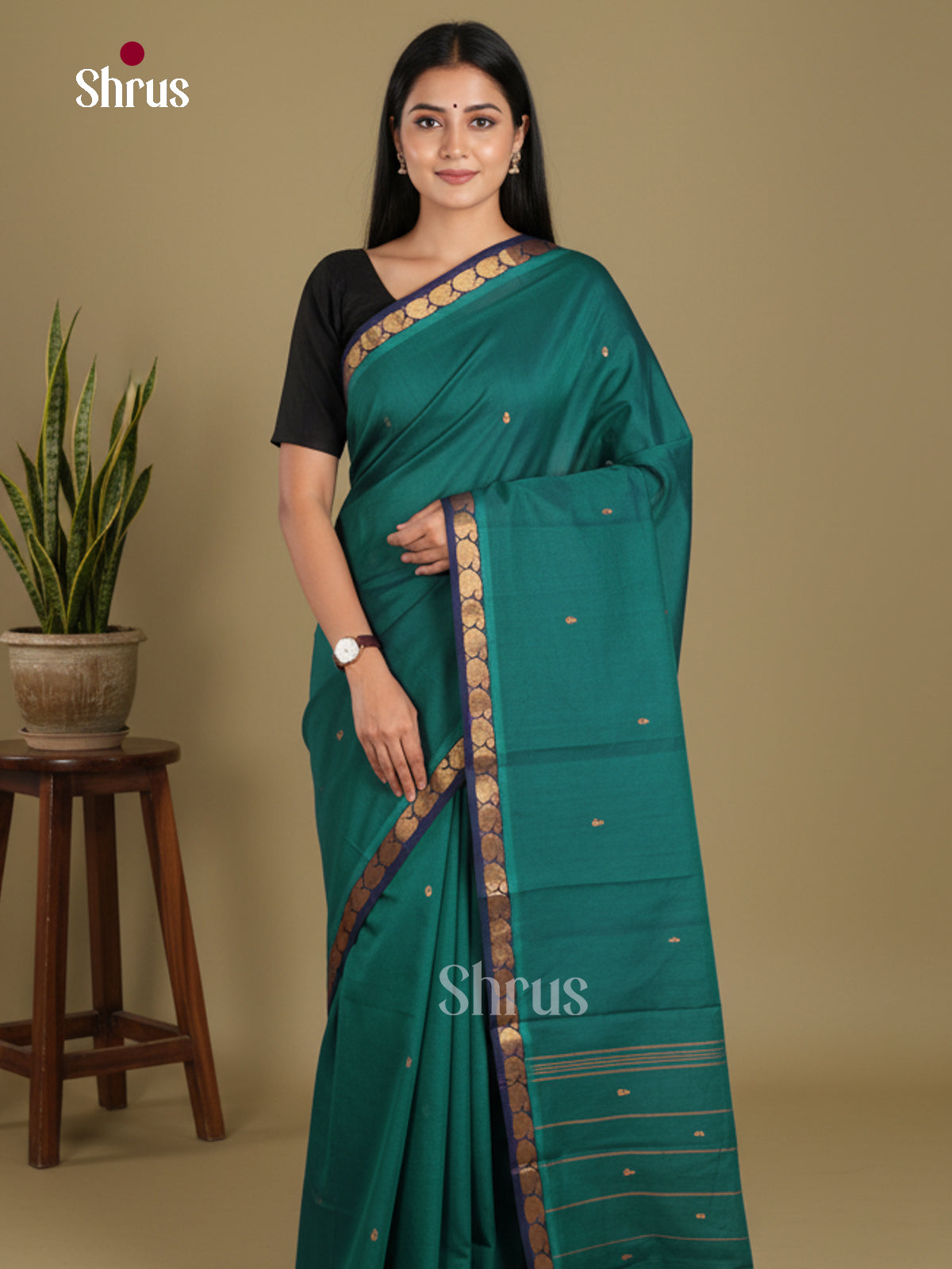Peacock Green & Blue - Chettinad Mix Cotton-Without Blouse Saree