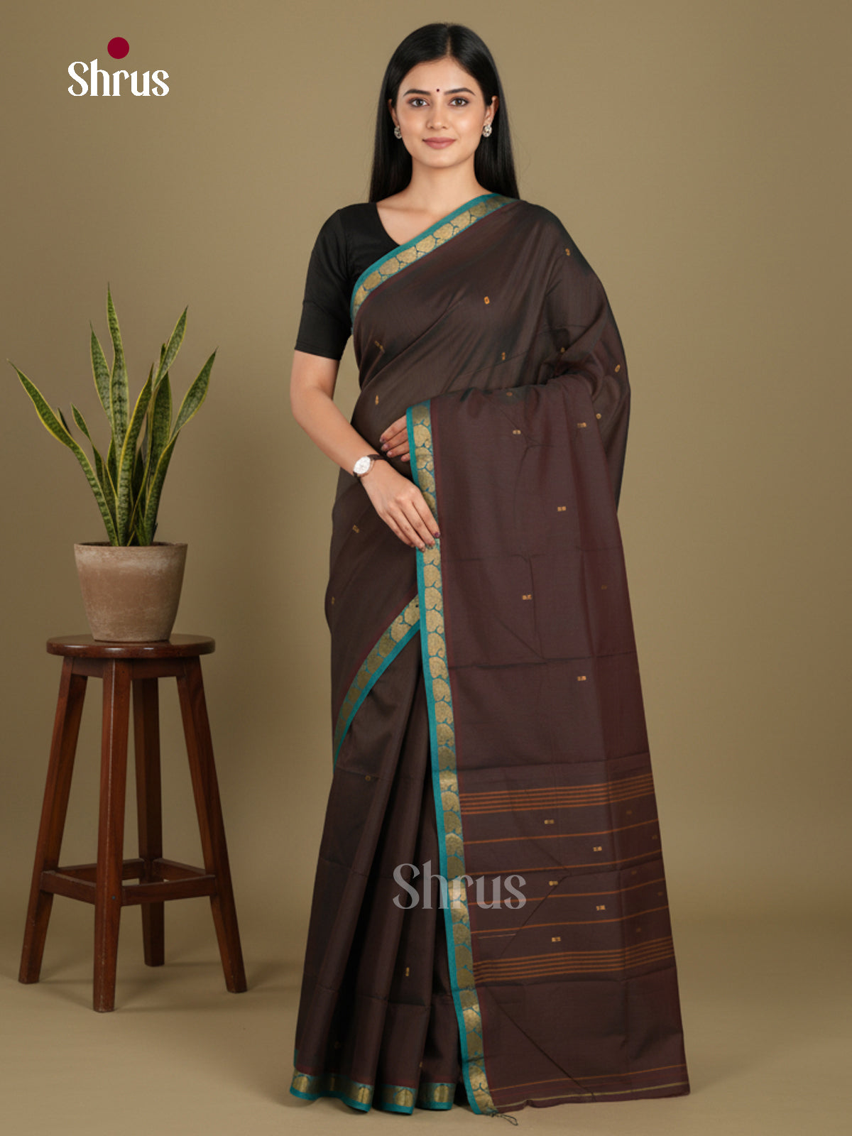 Brown & Blue - Chettinad Mix Cotton-Without Blouse Saree