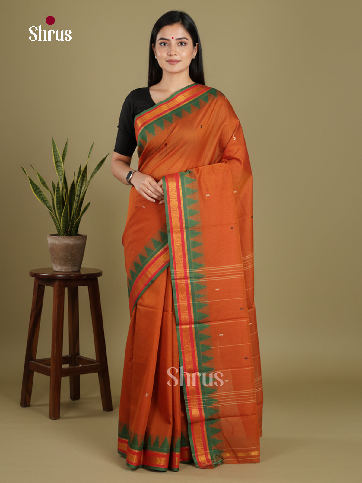 Brick & Green - Chettinad Mix Cotton-Without Blouse Saree