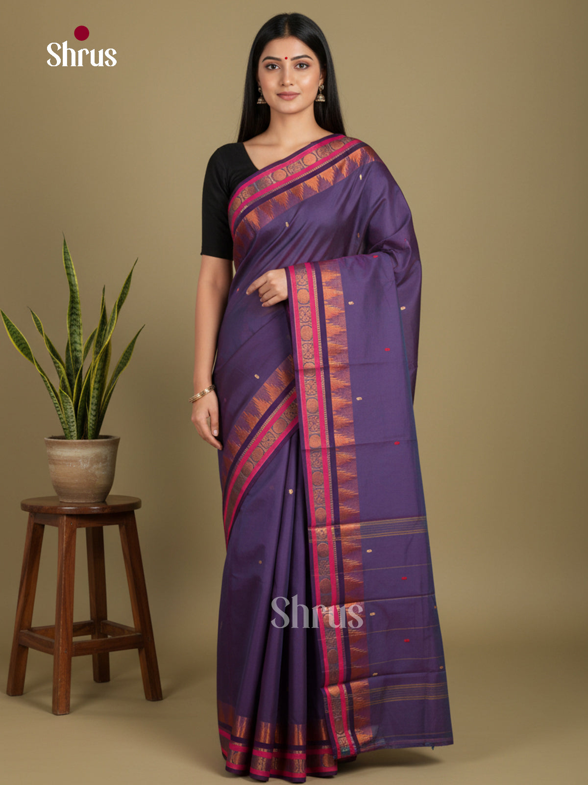 Purple & Blue - Chettinad Mix Cotton-Without Blouse Saree