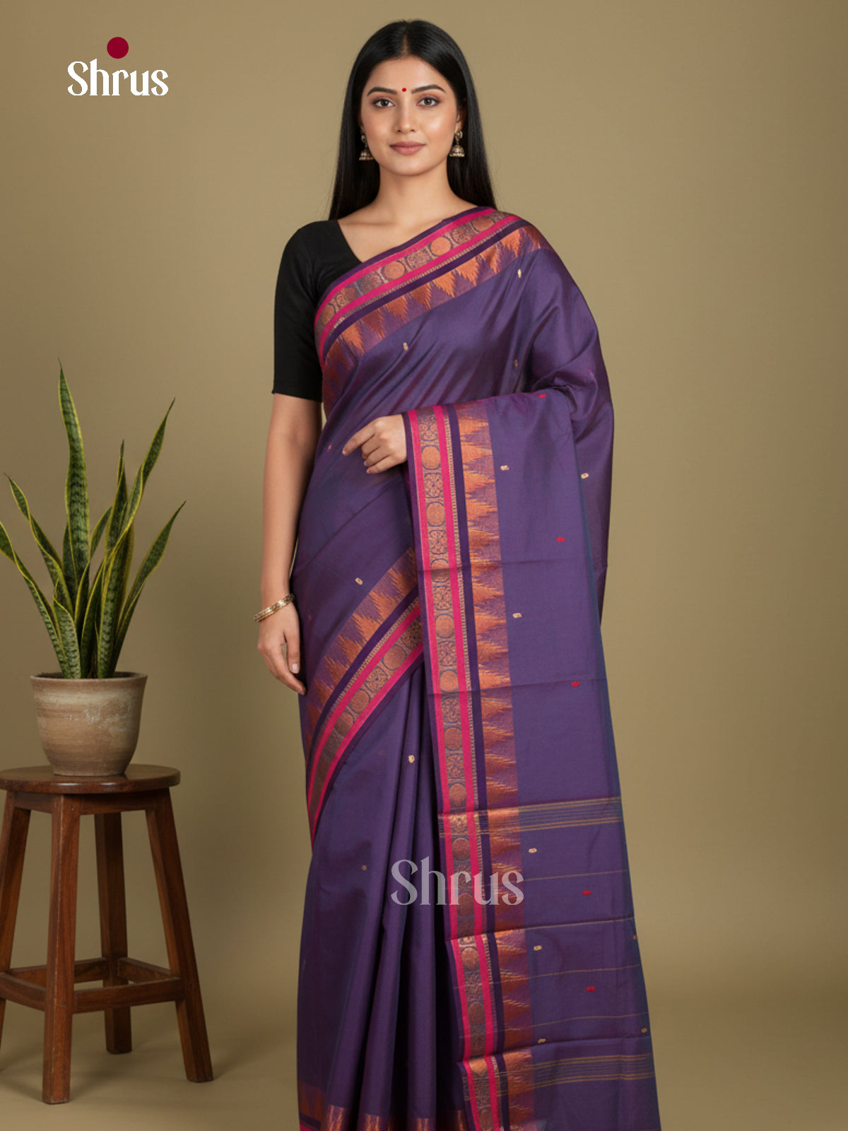 Purple & Blue - Chettinad Mix Cotton-Without Blouse Saree