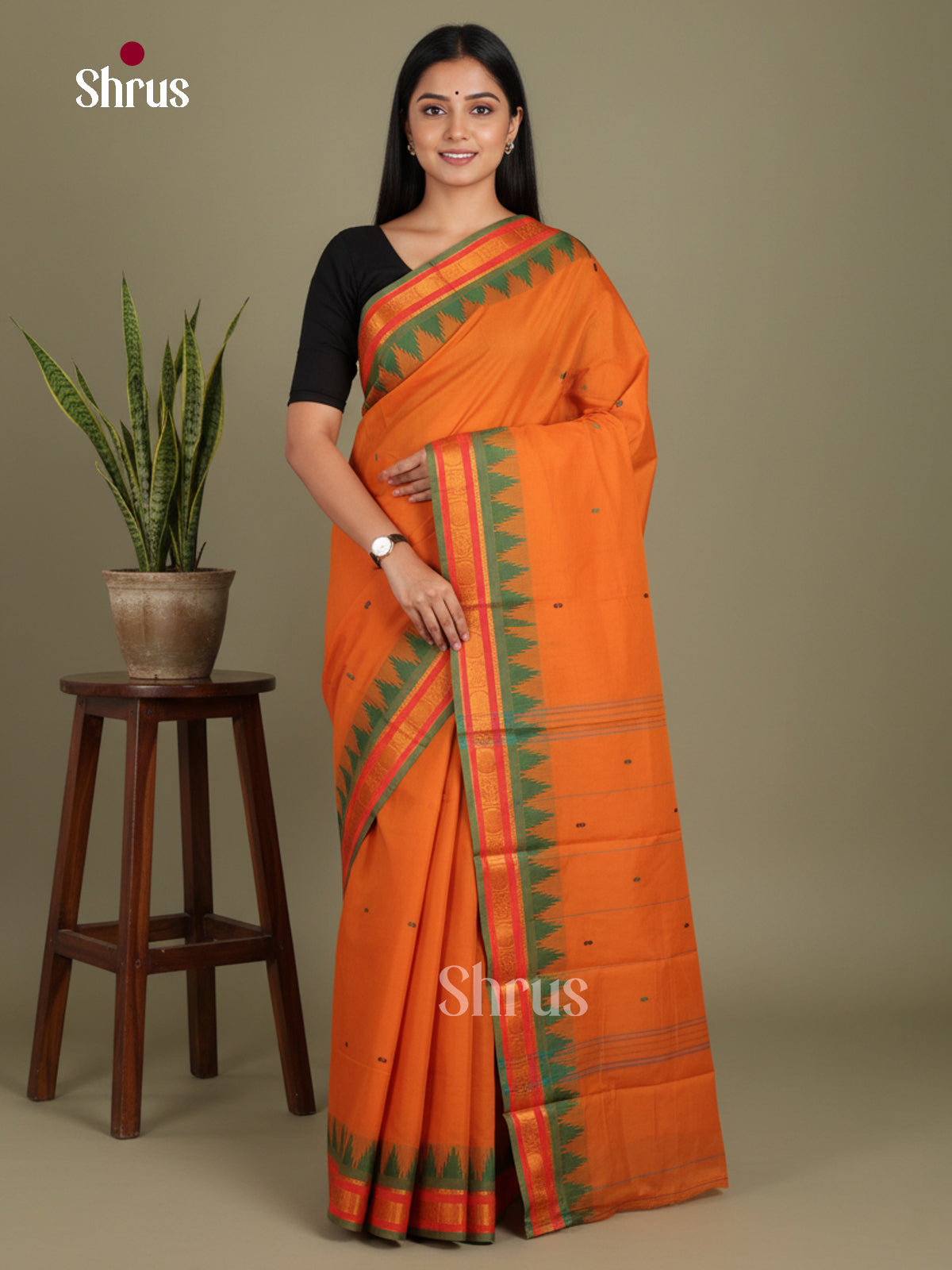 Orange & Green - Chettinad Mix Cotton-Without Blouse Saree