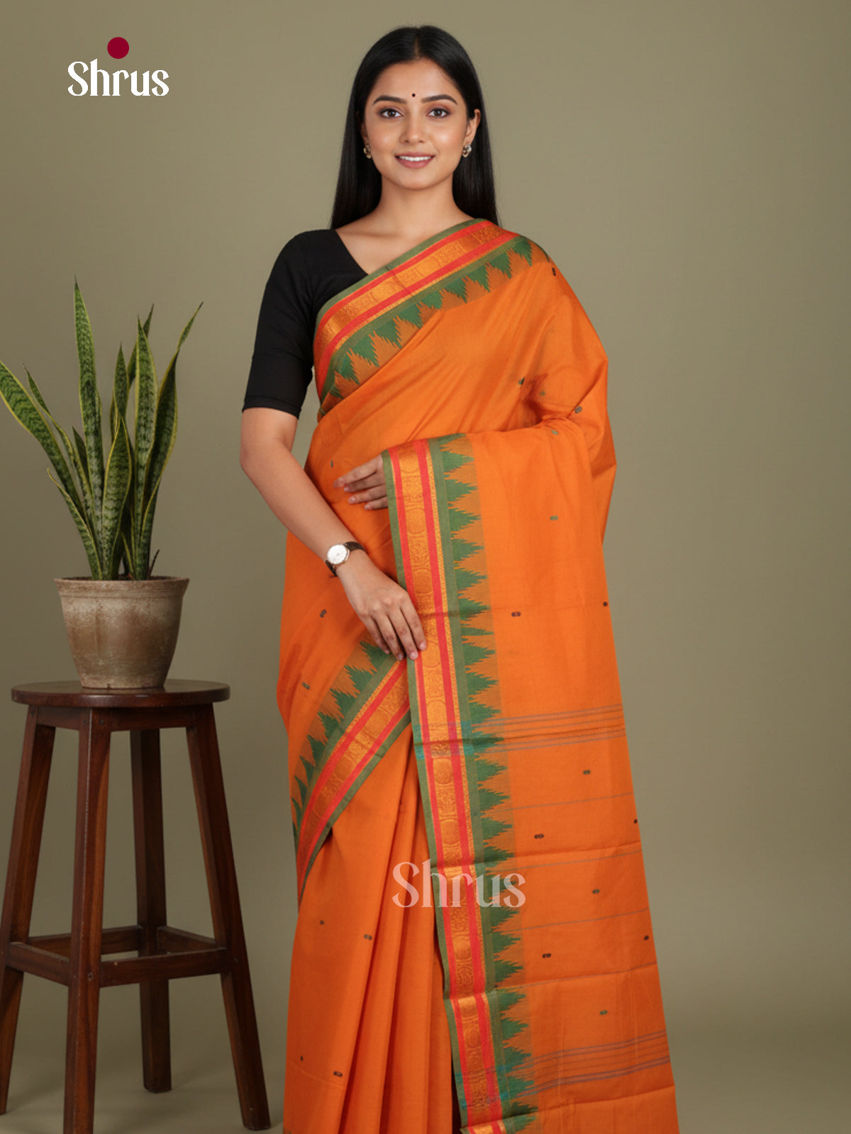 Orange & Green - Chettinad Mix Cotton-Without Blouse Saree