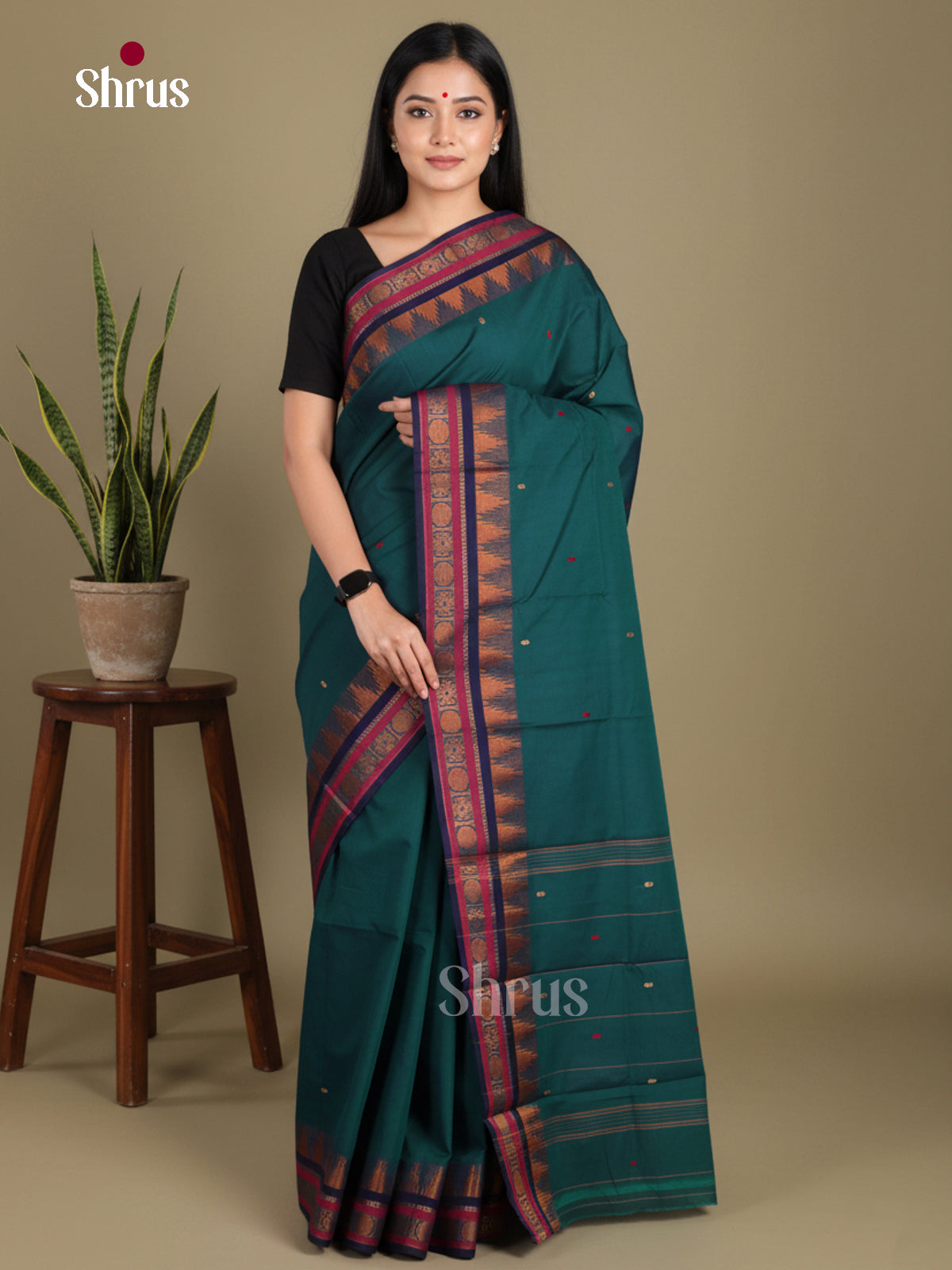 Peacock Green & Blue- Chettinad Mix Cotton-Without Blouse Saree
