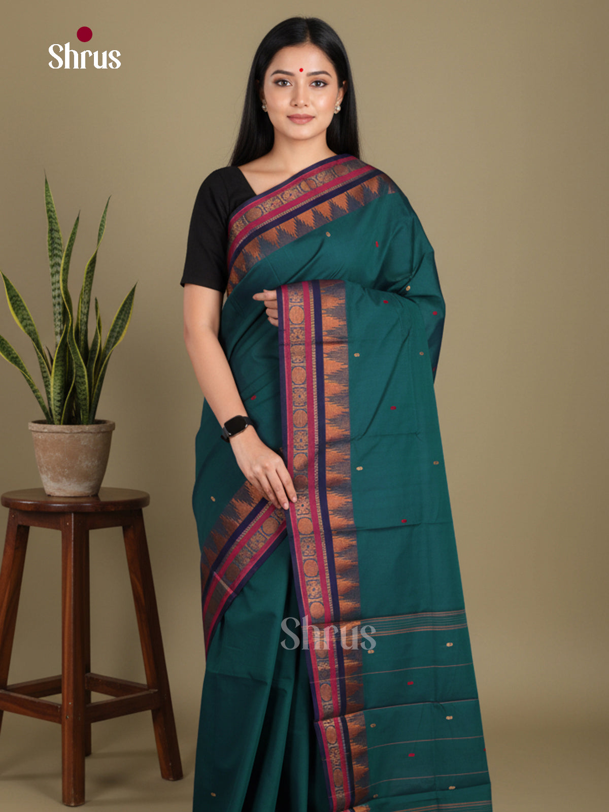 Peacock Green & Blue- Chettinad Mix Cotton-Without Blouse Saree