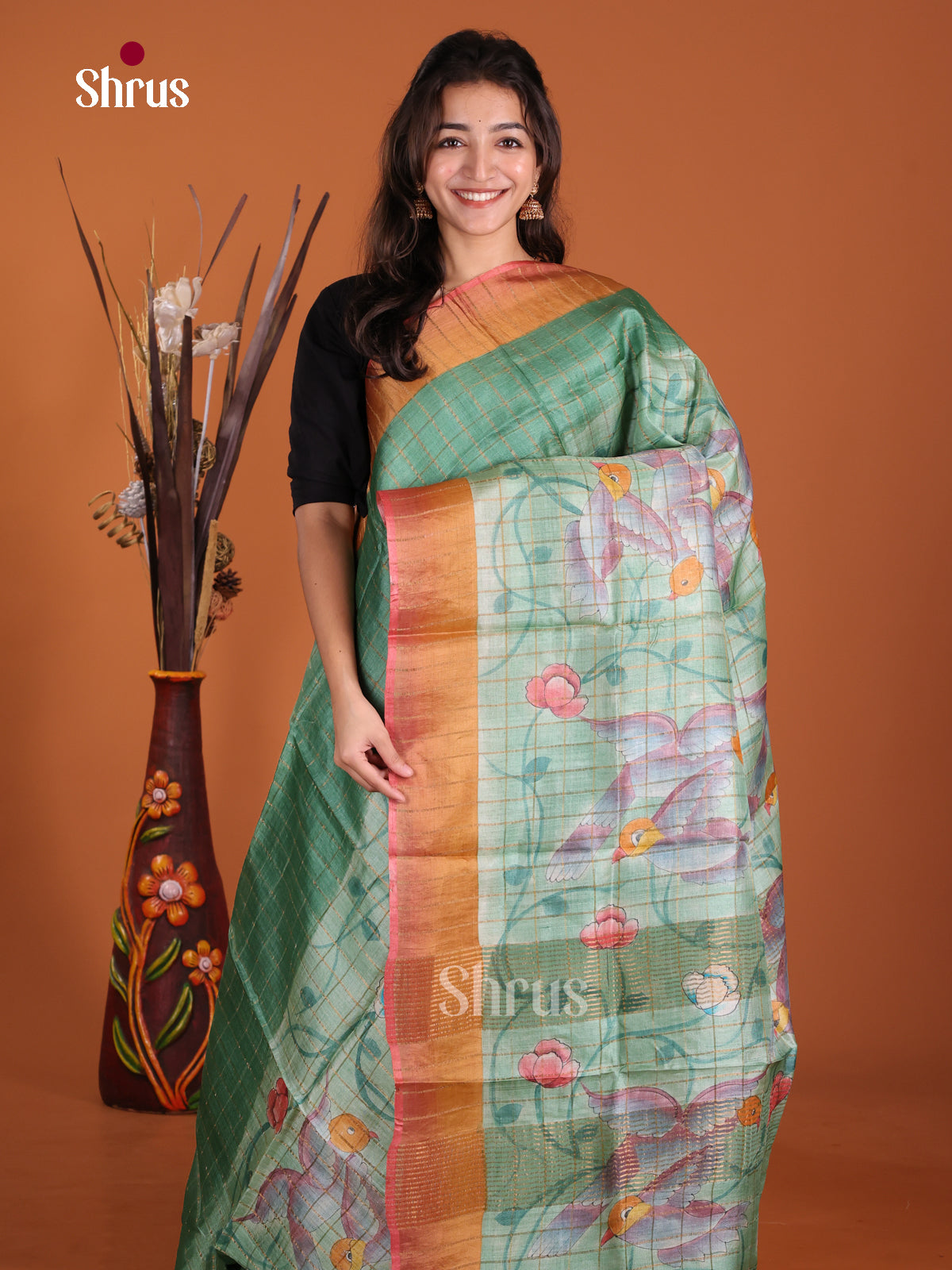 DKS15042 - Handpainted Tussar Saree - Shop on Shrus.com