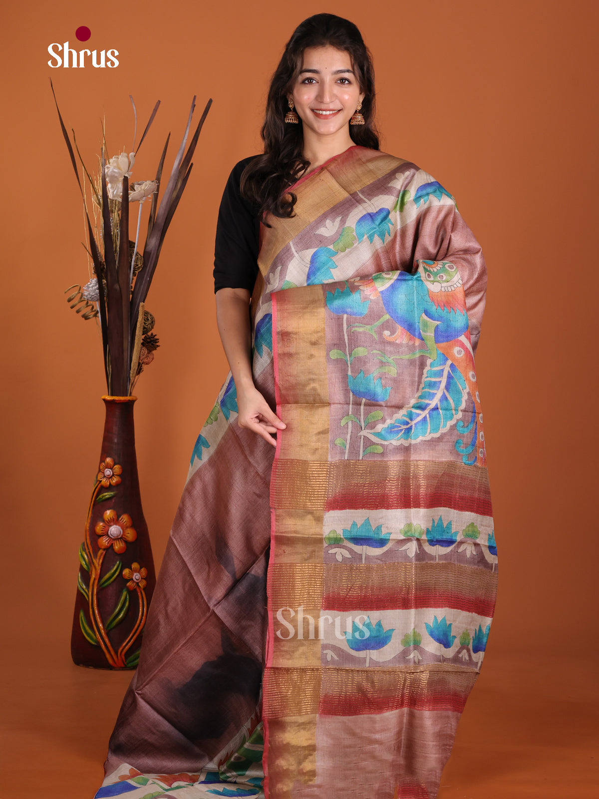 DKS15051 - Handpainted Tussar Saree - Shop on Shrus.com
