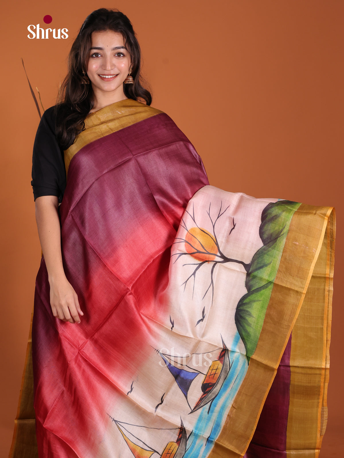 DKS15074 - Handpainted Tussar Saree - Shop on Shrus.com