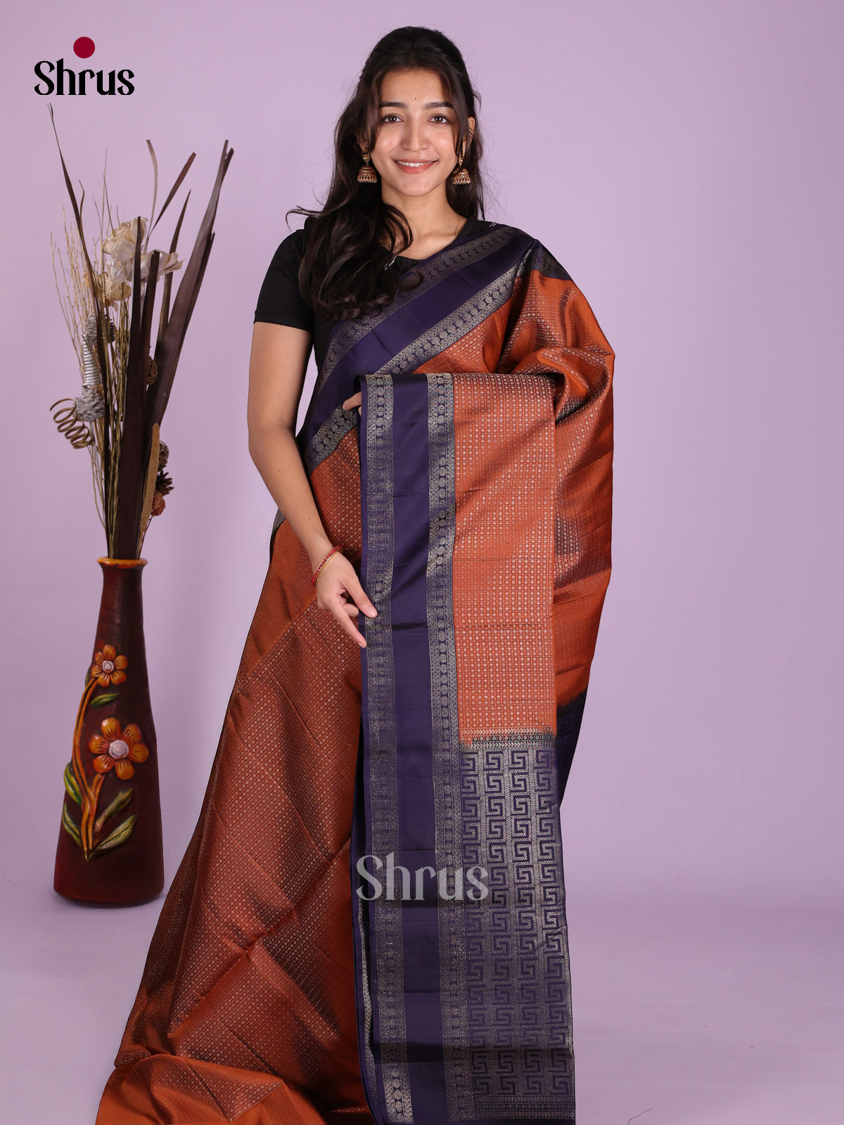 Classic Brown & Blue Soft Silk Saree with zari checks & rettaipet border