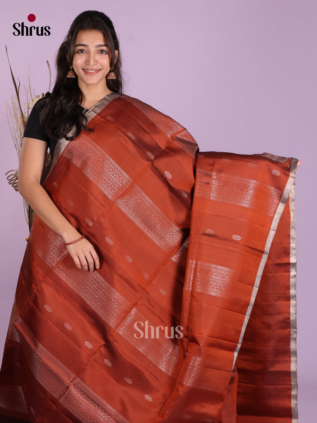 Regal Brick Soft Silk Saree With Zari Buttas, Stripes & brocade pallu