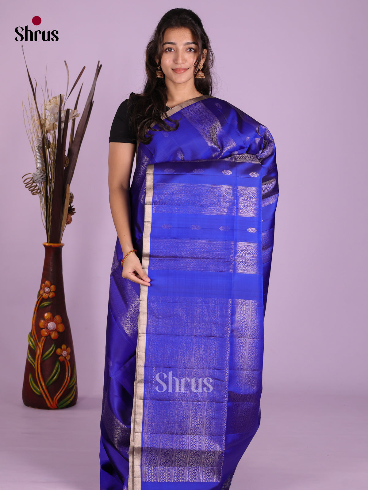 Vibrant Blue Soft Silk Saree with zari buttas, stripes & brocade pallu